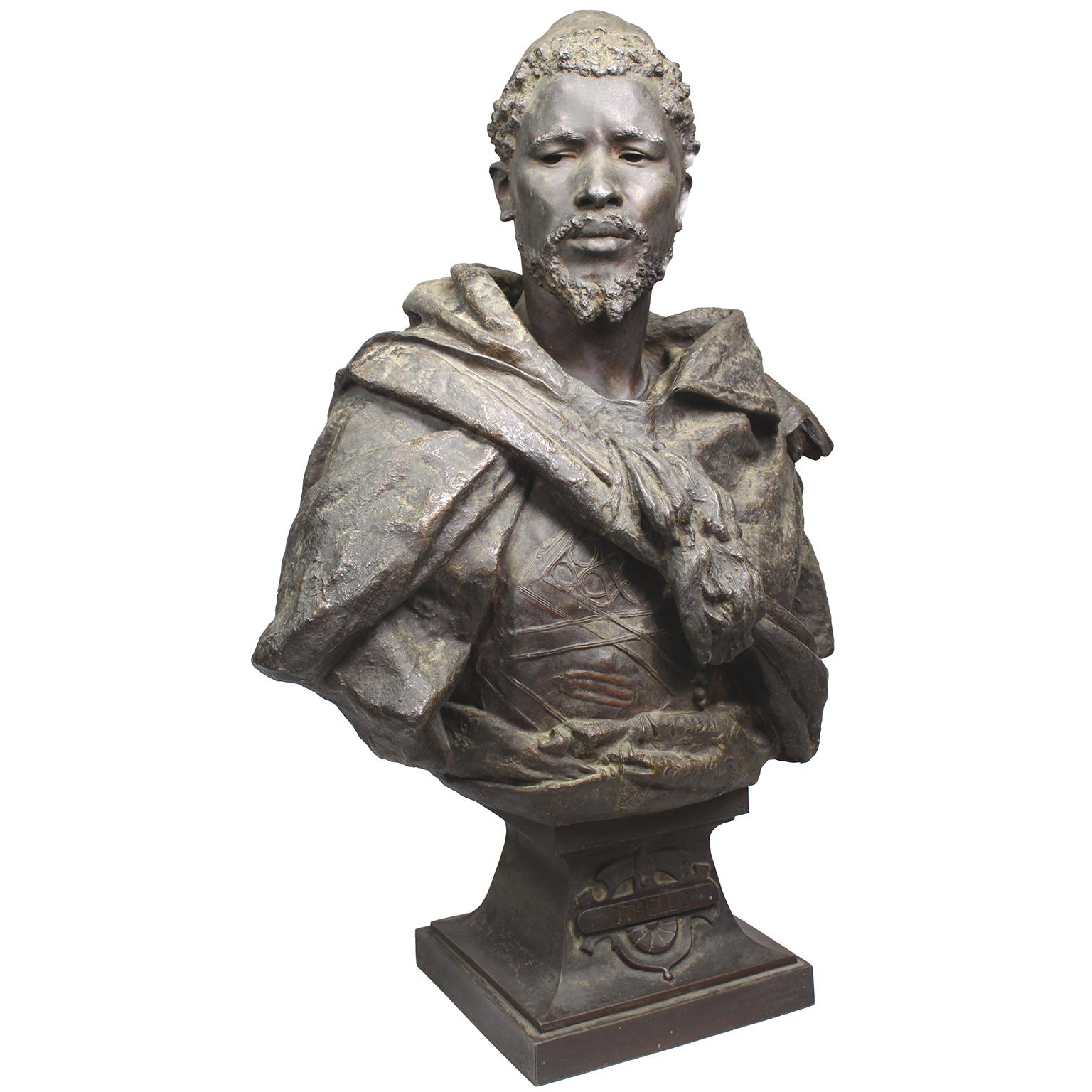A large and impressive French 19th century life-size bust depicting Othello, the North African Moor of Venice character in the 1603 play written by William Shakespeare (1564-1616), after the model by Gaston Veuvenot Leroux (French, 1854-1942). The