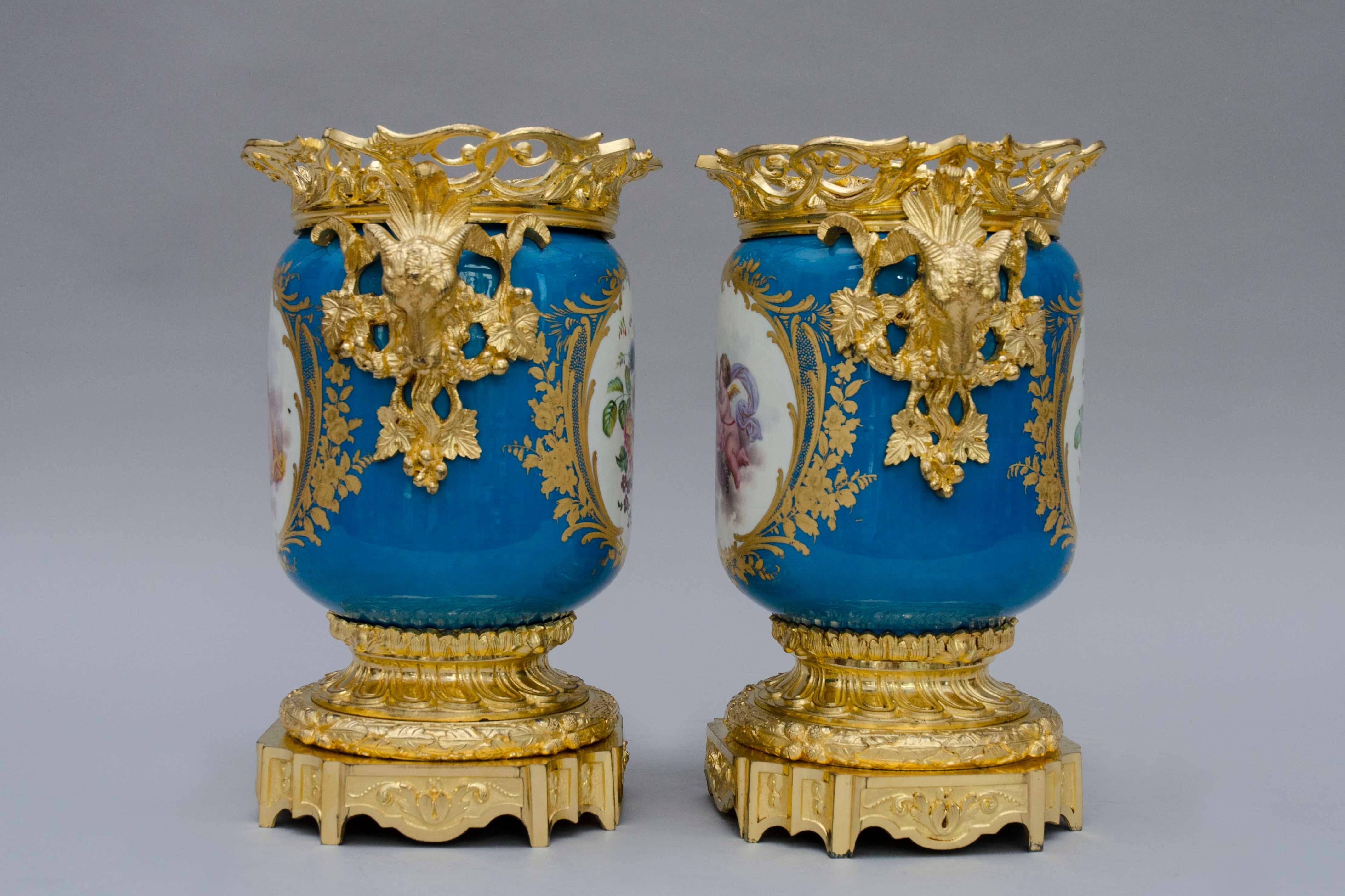 19th Century Light Bleu Ground Ormolu-Mounted Sevres Style Jardinieres Urns For Sale 2