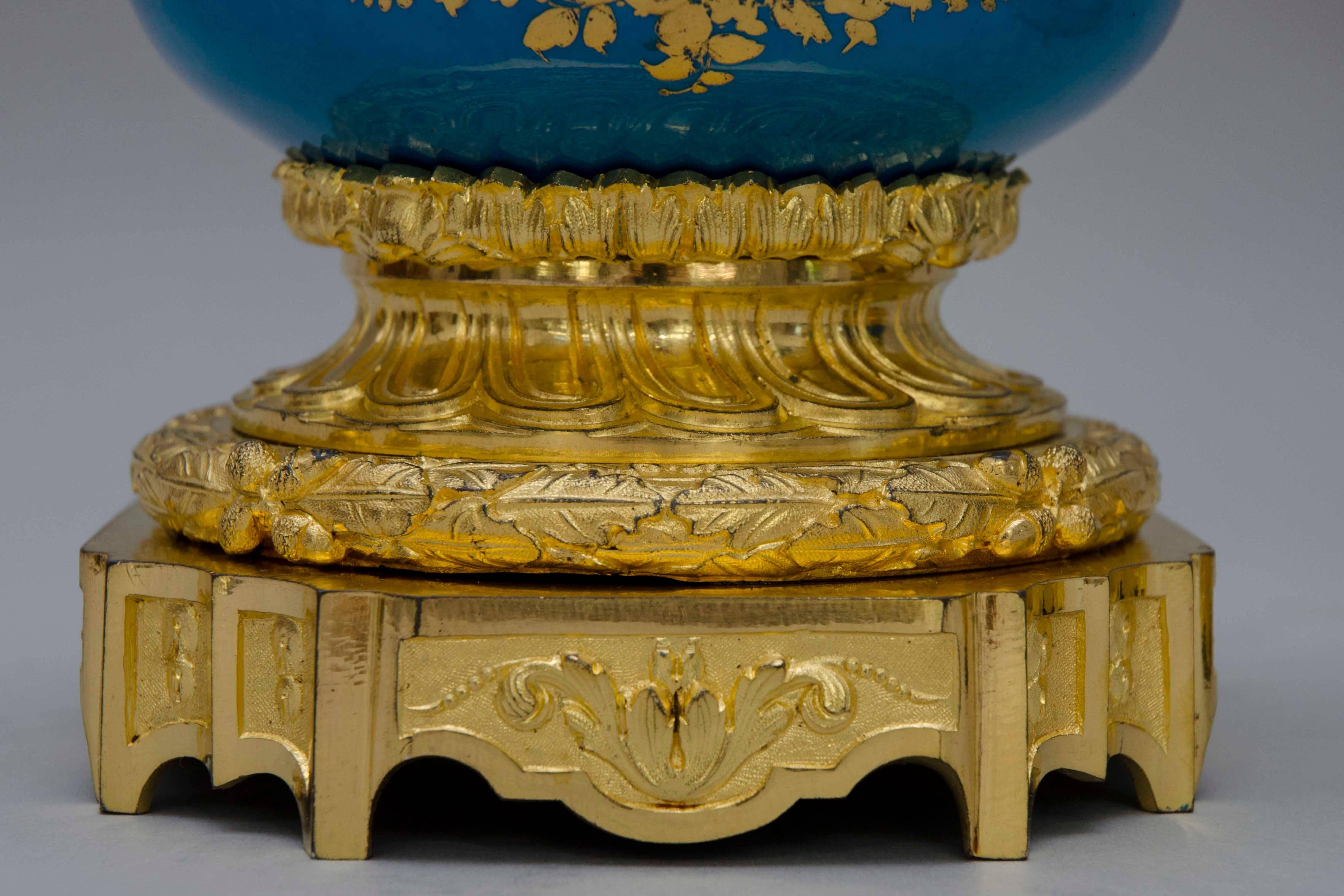 19th Century Light Bleu Ground Ormolu-Mounted Sevres Style Jardinieres Urns For Sale 3