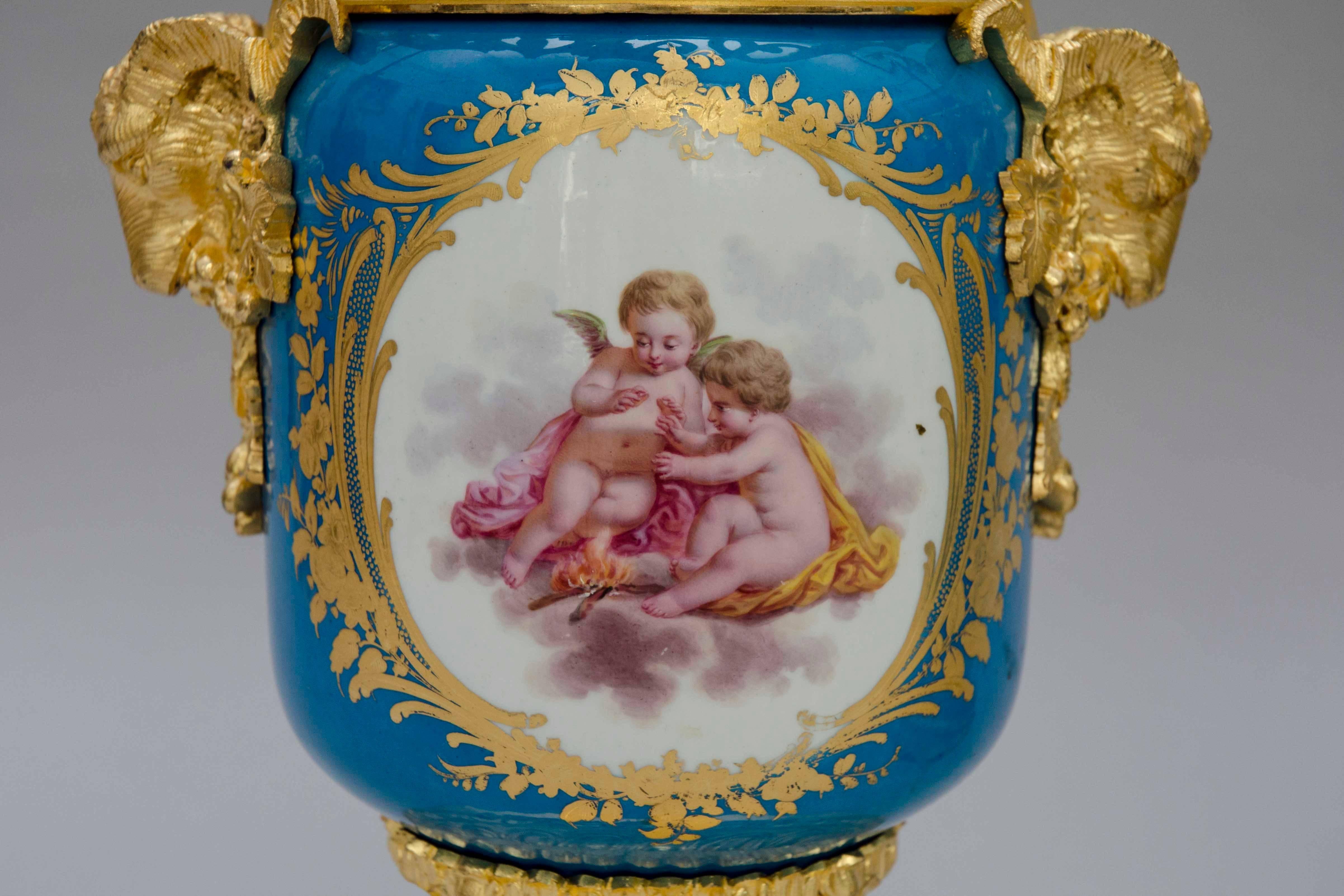 Louis XVI 19th Century Light Bleu Ground Ormolu-Mounted Sevres Style Jardinieres Urns For Sale
