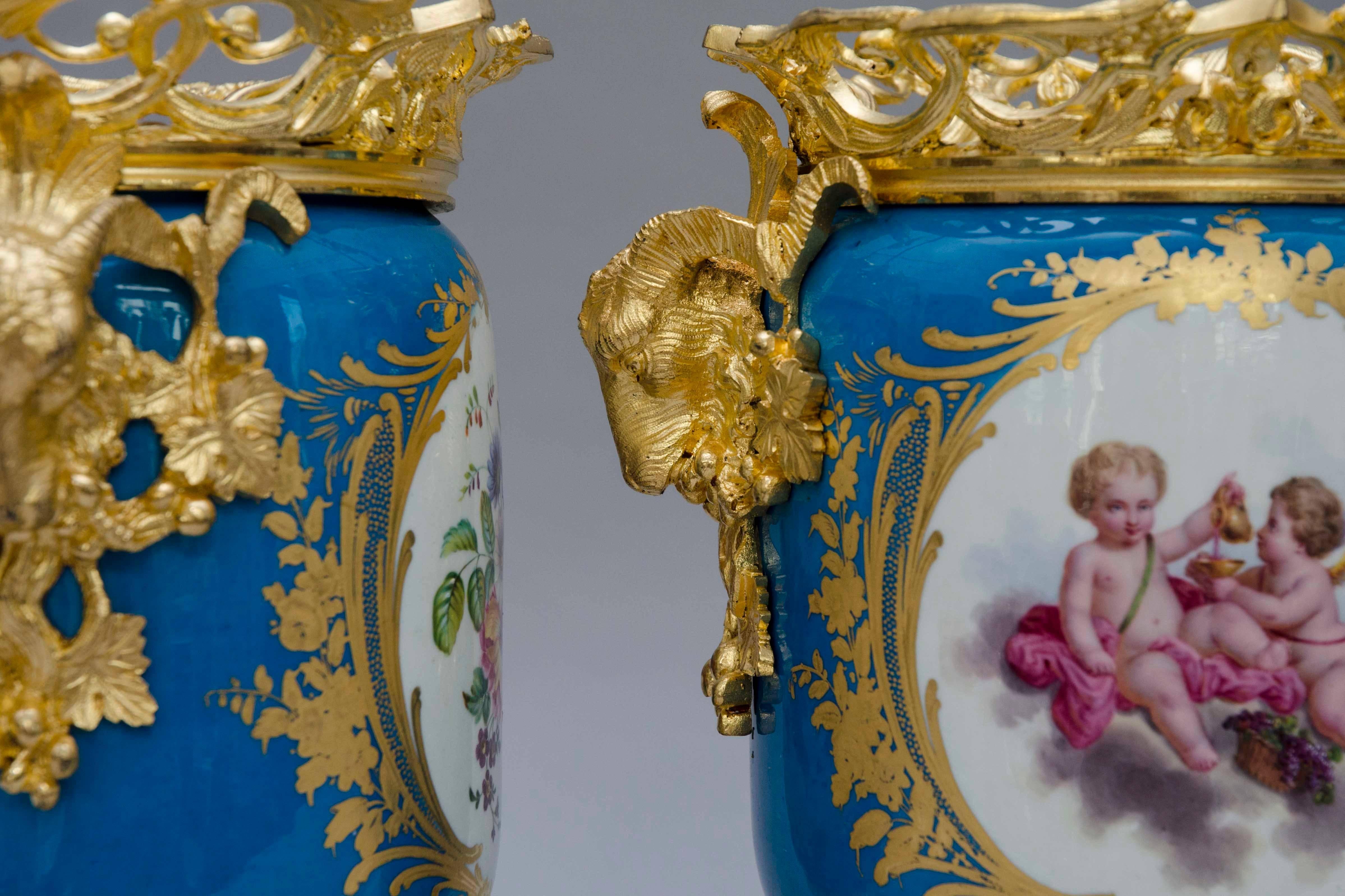 French 19th Century Light Bleu Ground Ormolu-Mounted Sevres Style Jardinieres Urns For Sale