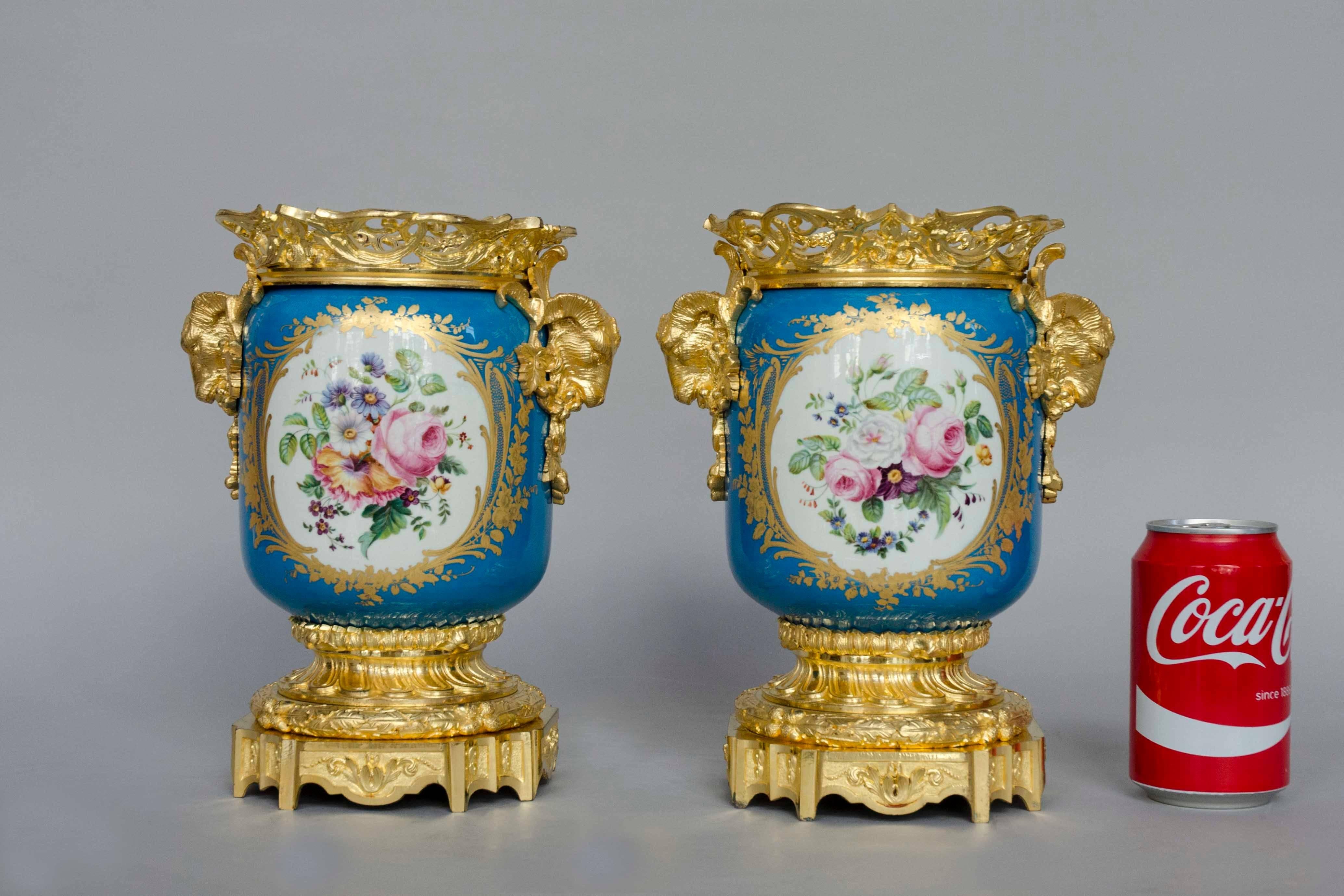 Gilt 19th Century Light Bleu Ground Ormolu-Mounted Sevres Style Jardinieres Urns For Sale