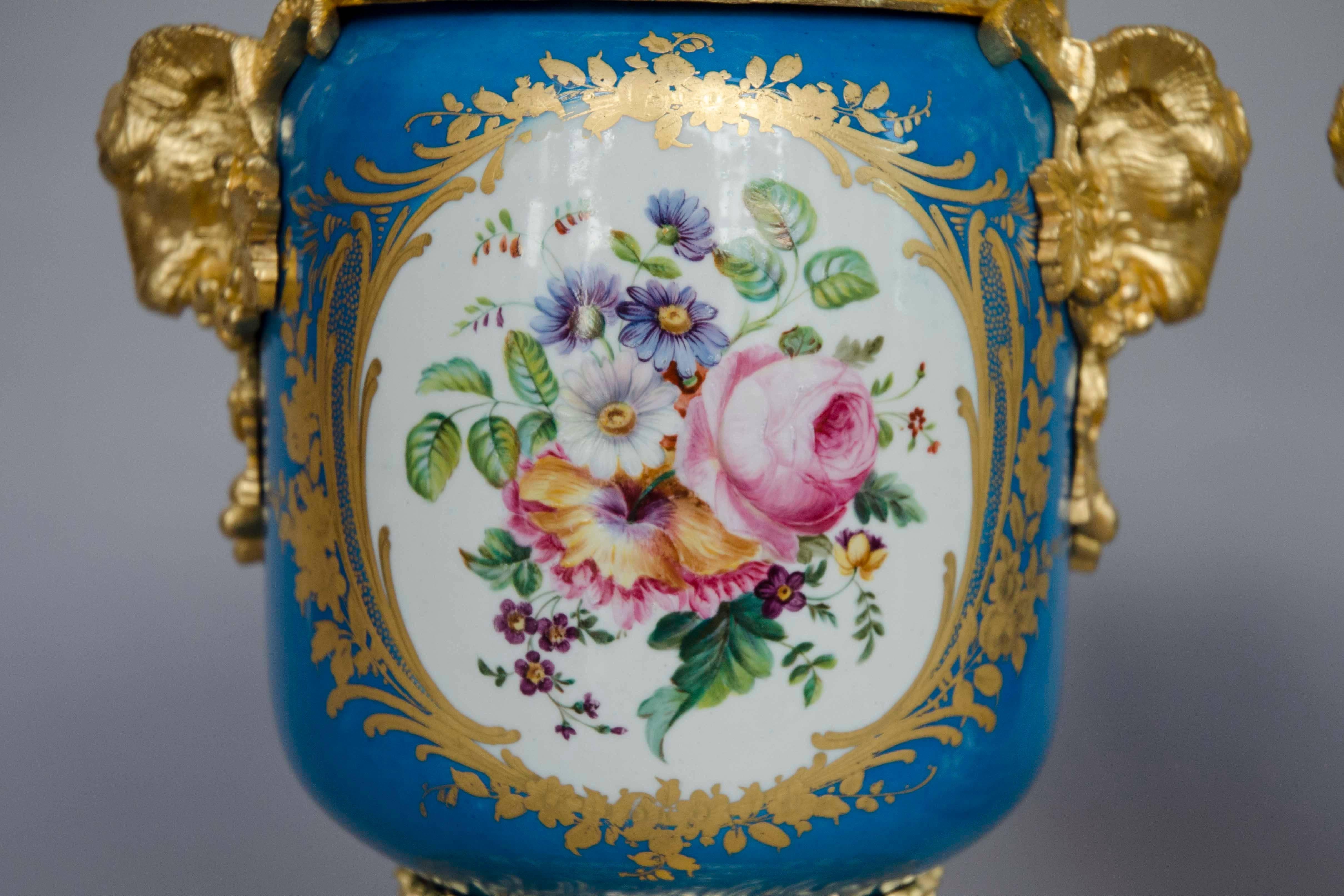 Late 19th Century 19th Century Light Bleu Ground Ormolu-Mounted Sevres Style Jardinieres Urns For Sale