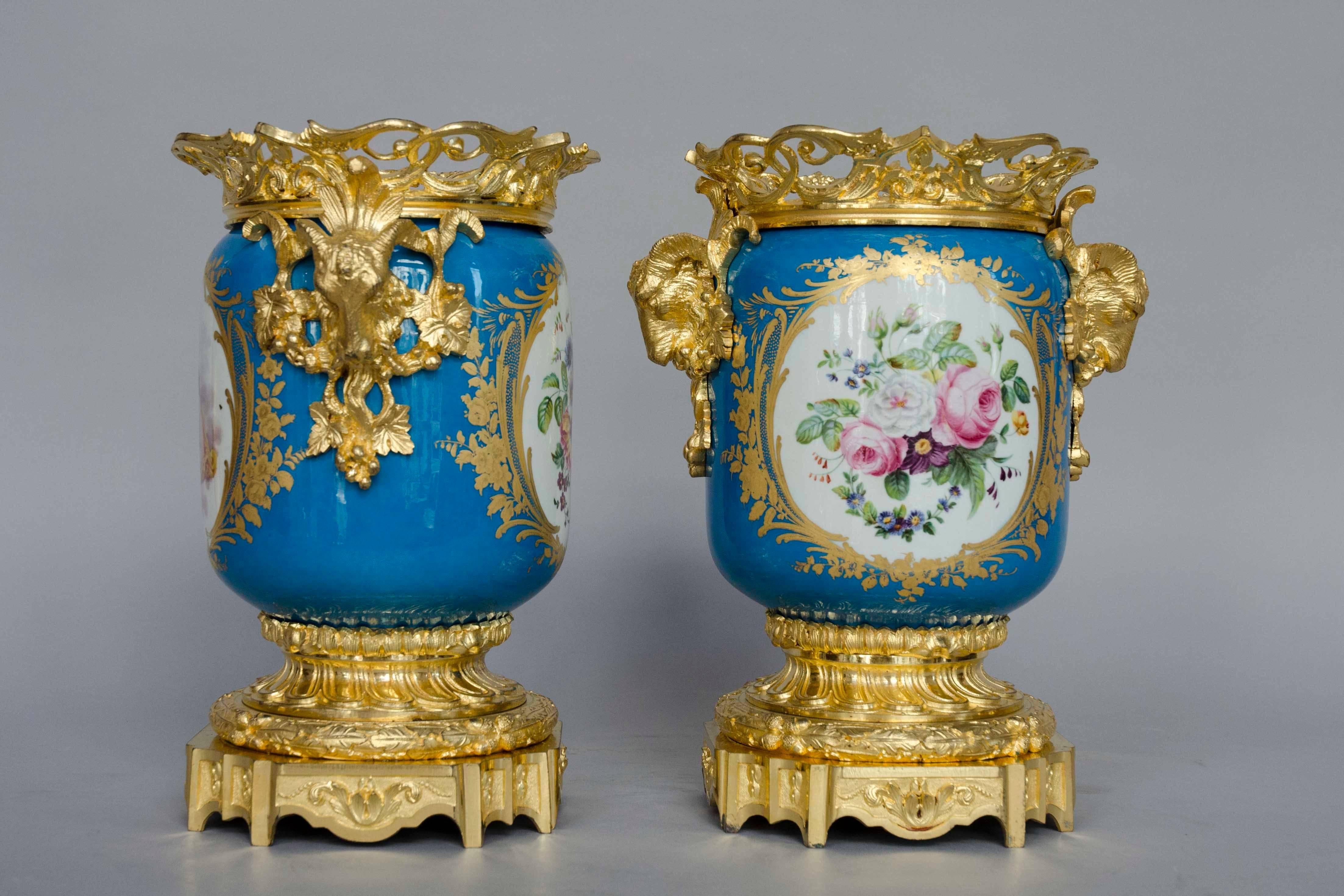 19th Century Light Bleu Ground Ormolu-Mounted Sevres Style Jardinieres Urns For Sale 1