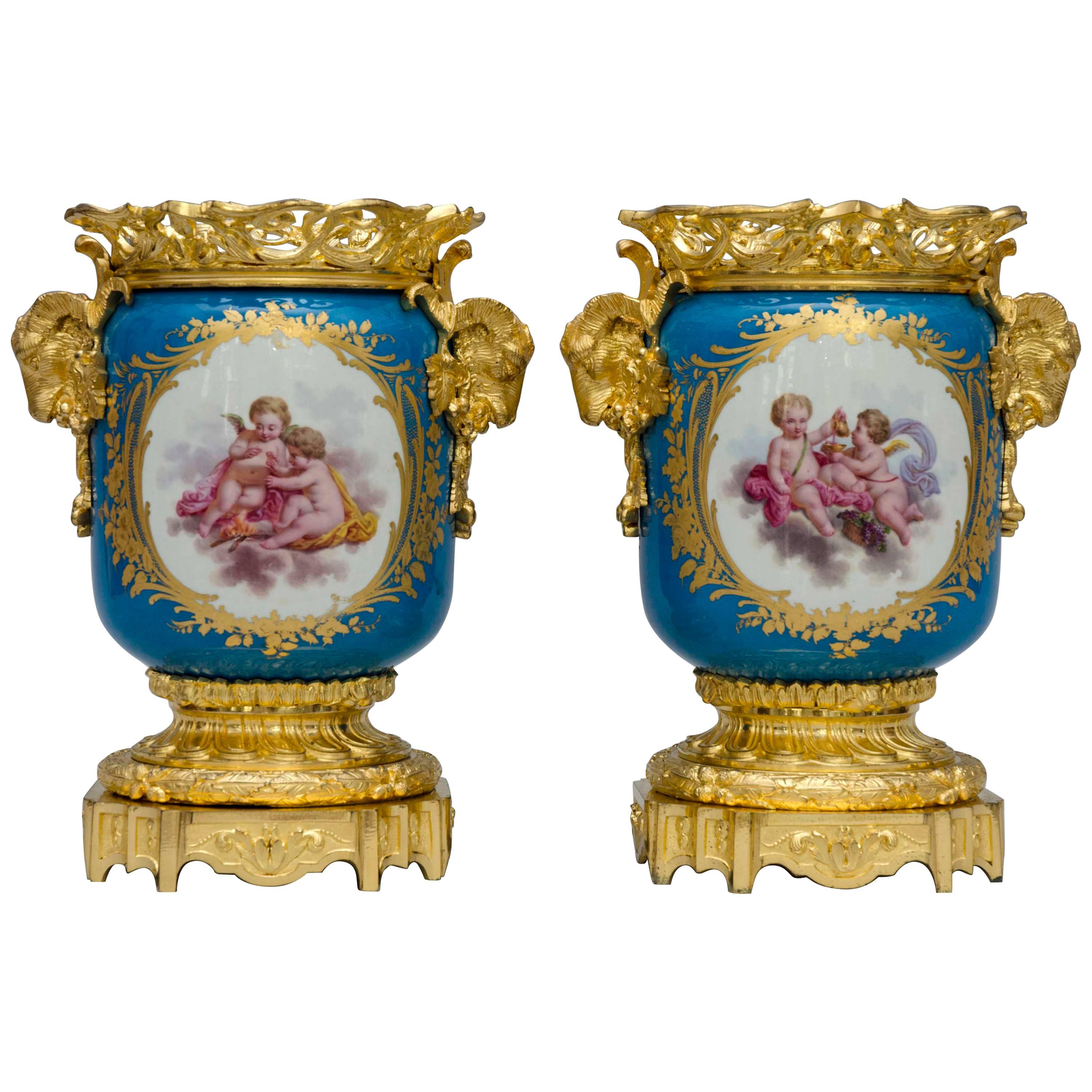 19th Century Light Bleu Ground Ormolu-Mounted Sevres Style Jardinieres Urns For Sale