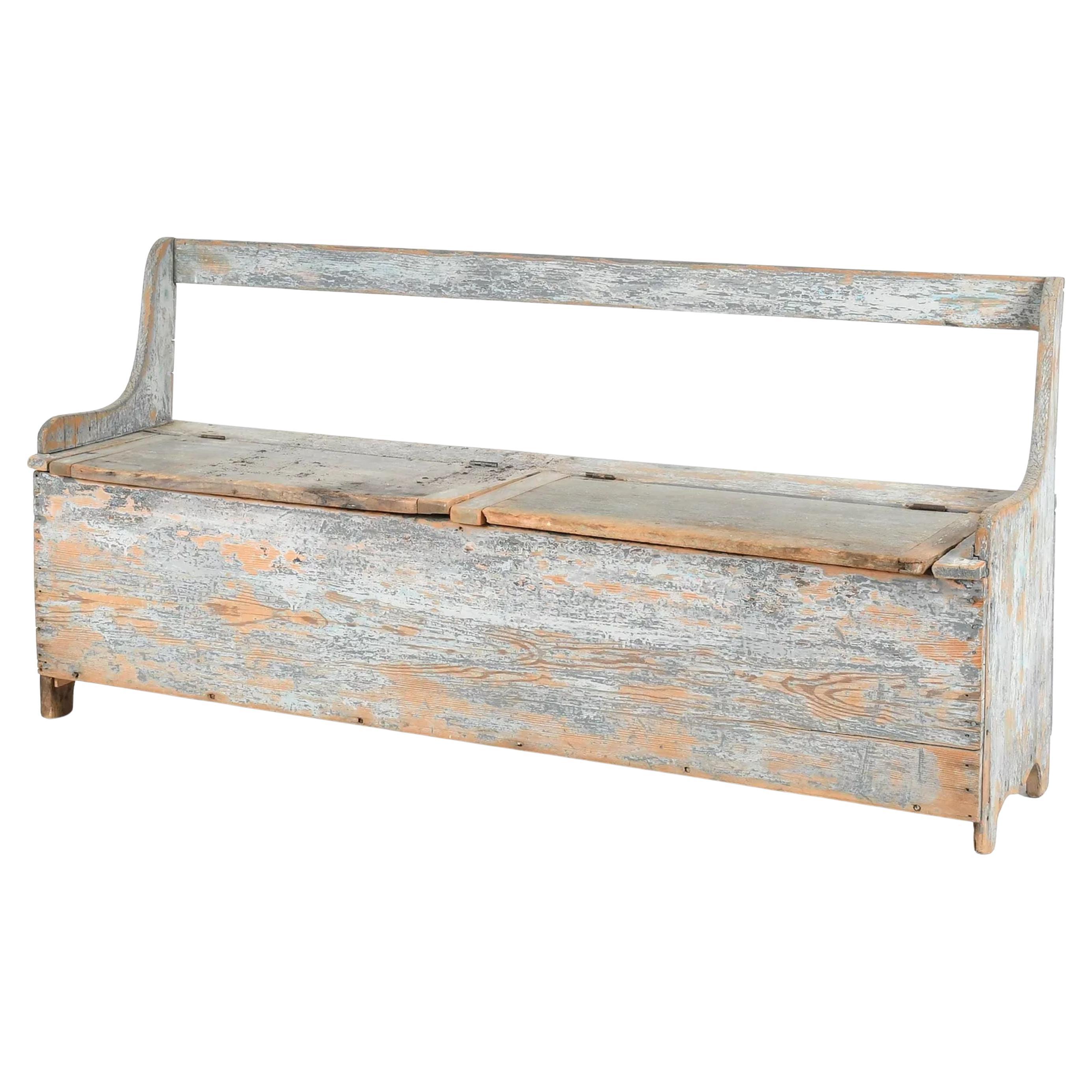 Banc en pin peint en bleu clair du 19e siècle