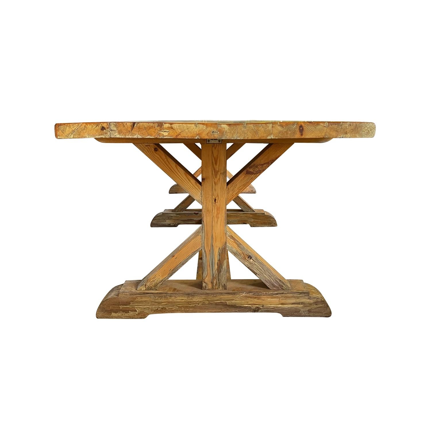 19th Century Light-Brown French Antique Provincial Oakwood Dining, Trestle Table In Good Condition For Sale In West Palm Beach, FL