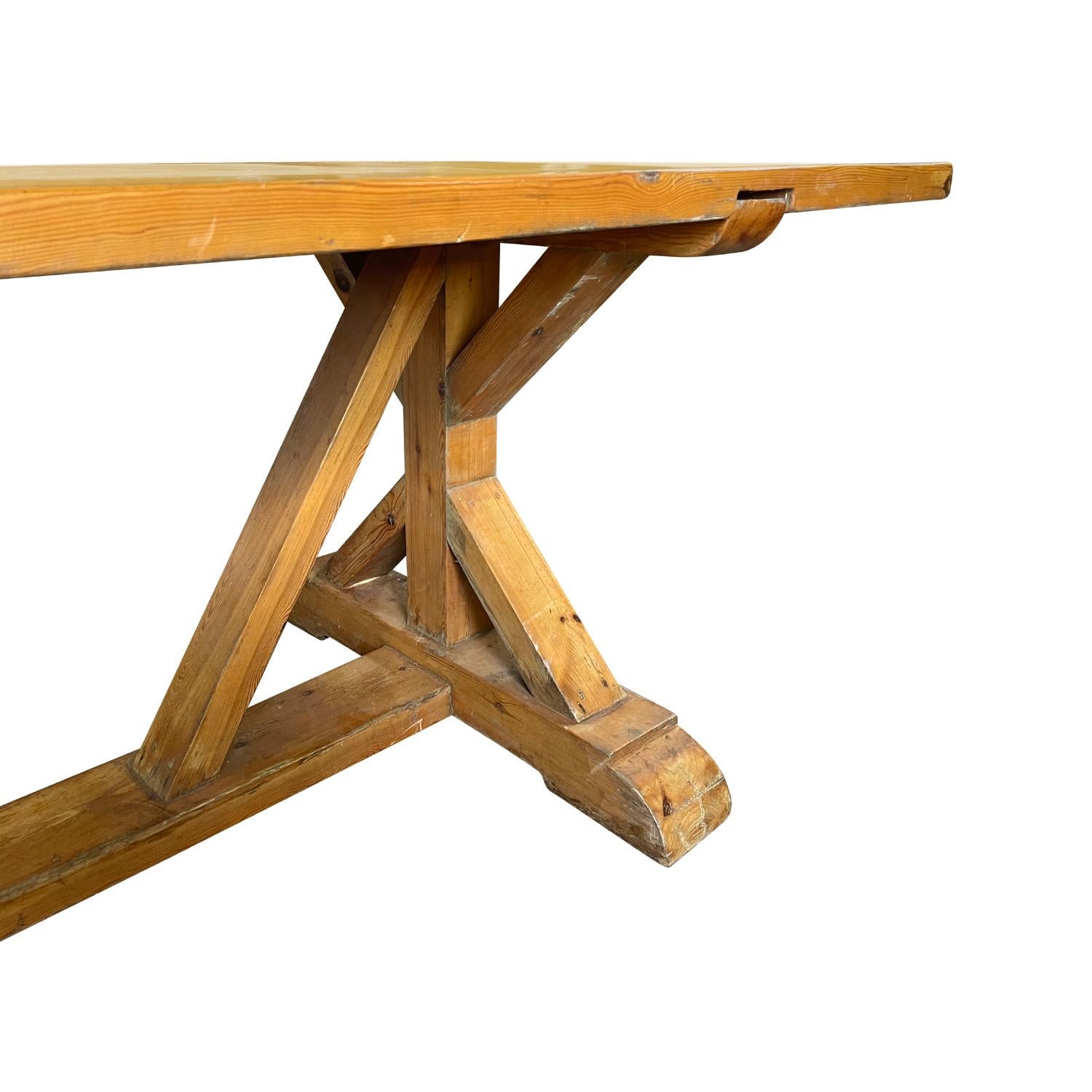 19th Century Light-Brown French Antique Provincial Oakwood Dining, Trestle Table For Sale 1