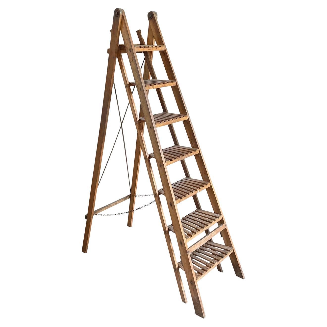 19th Century Light-Brown French Walnut Library Ladder, Antique Book Shelf For Sale