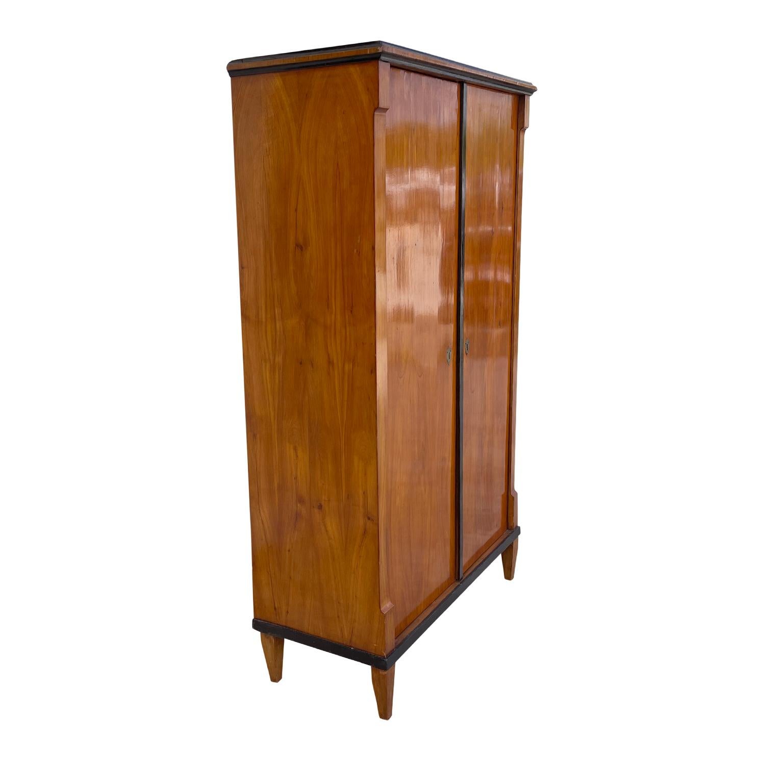 A light-brown, antique German sideboard, cabinet made of hand crafted polished Mahogany and walnut in good condition. The cupboard is composed with two doors, the frame is black lacquered, standing on four small feet. The interior consists