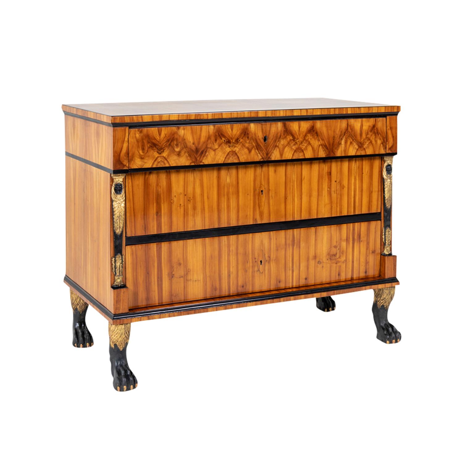 Hand-Carved 19th Century German Biedermeier Cherrywood Chest of Drawers - Antique Commode For Sale