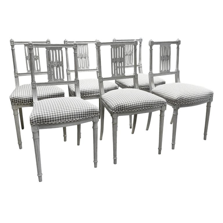 Hand-Carved 19th Century Light-Grey Danish Set of Six Antique Scandinavian Small Side Chairs For Sale