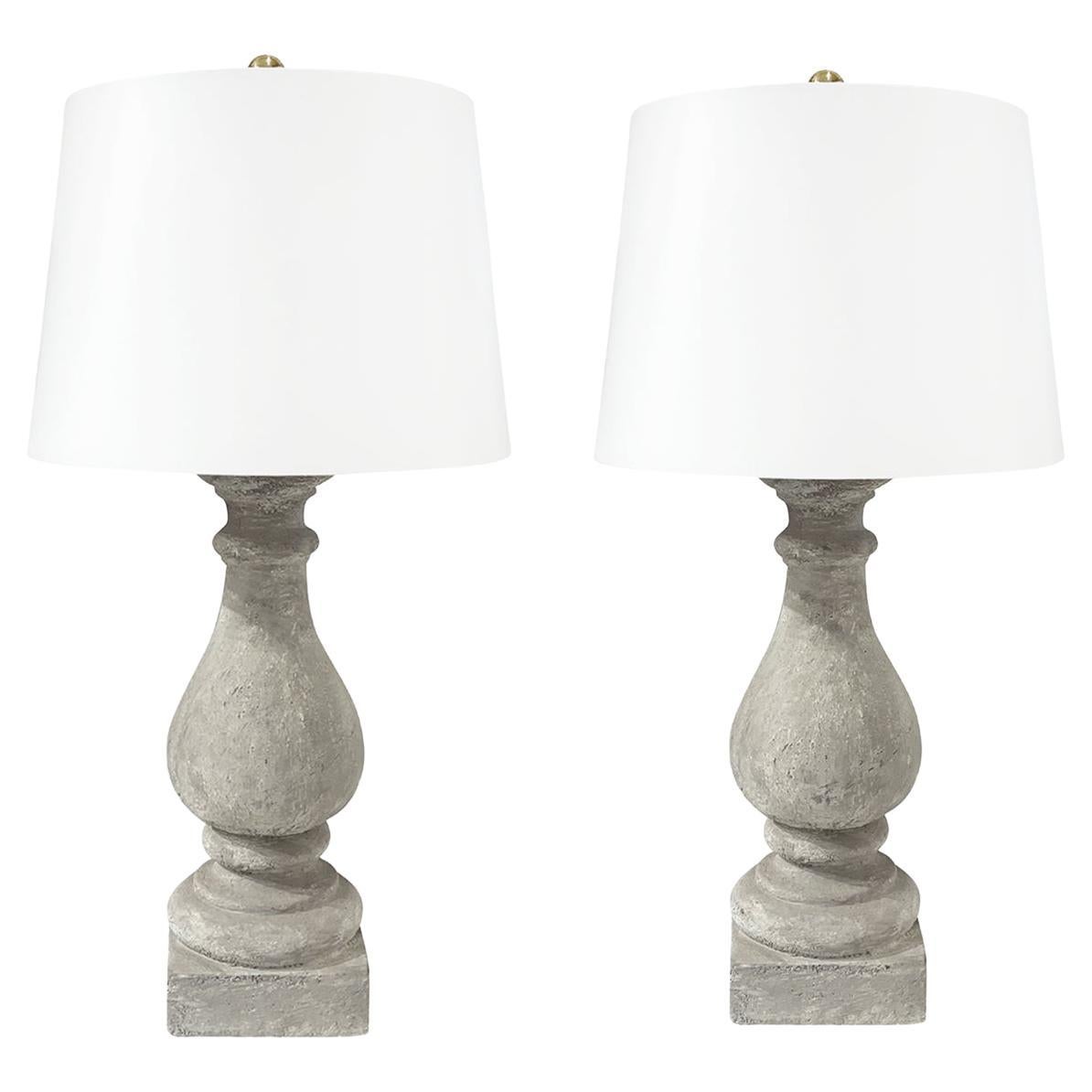 19th Century Light-Grey French Vintage Pair of Tall Pièrre Composée Table Lamps For Sale
