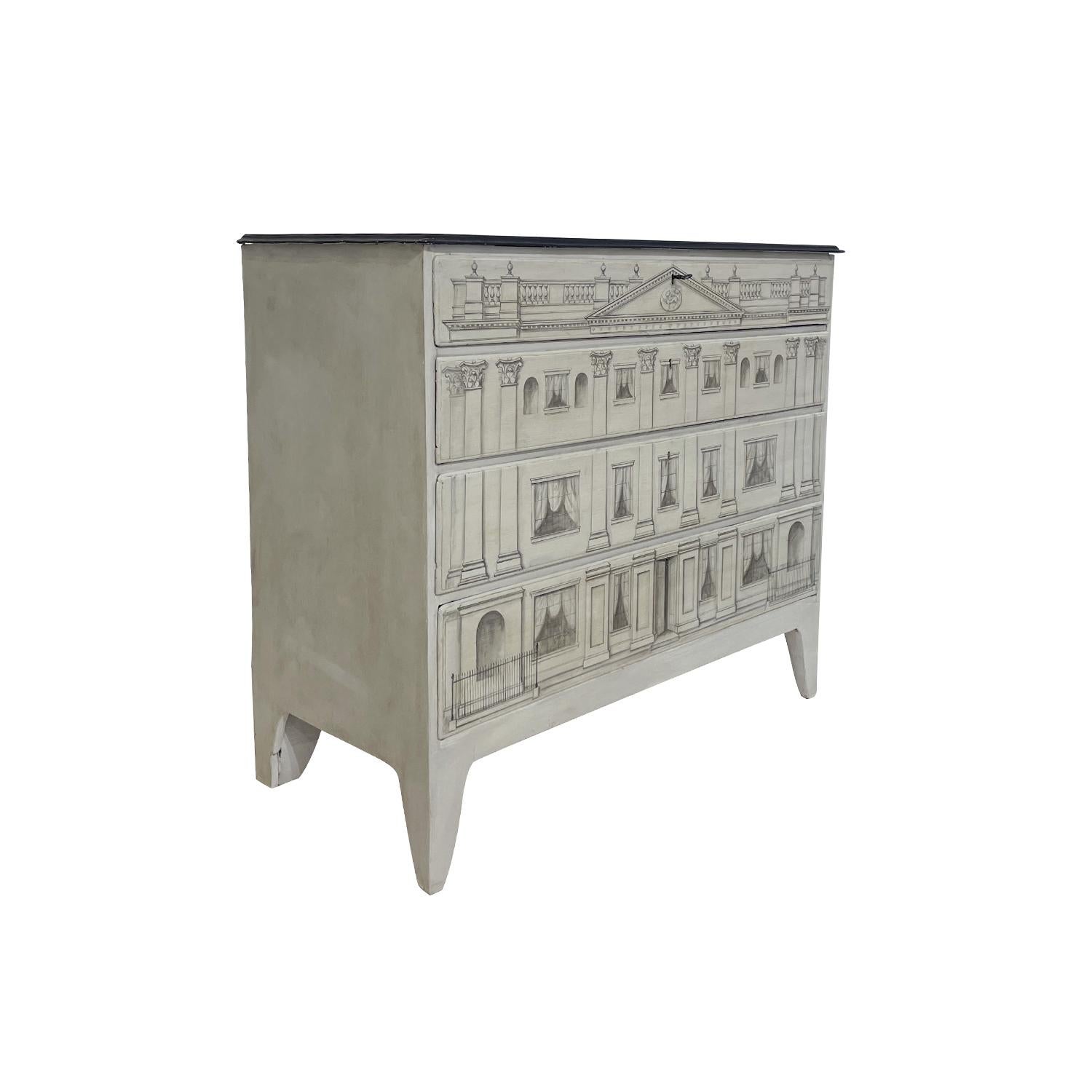 A light-grey, antique Swedish Gustavian single chest, cupboard made of hand crafted painted Pinewood, in good condition. The detailed Scandinavian cupboard has a black painted top, composed with three large drawers on smaller one, standing on four