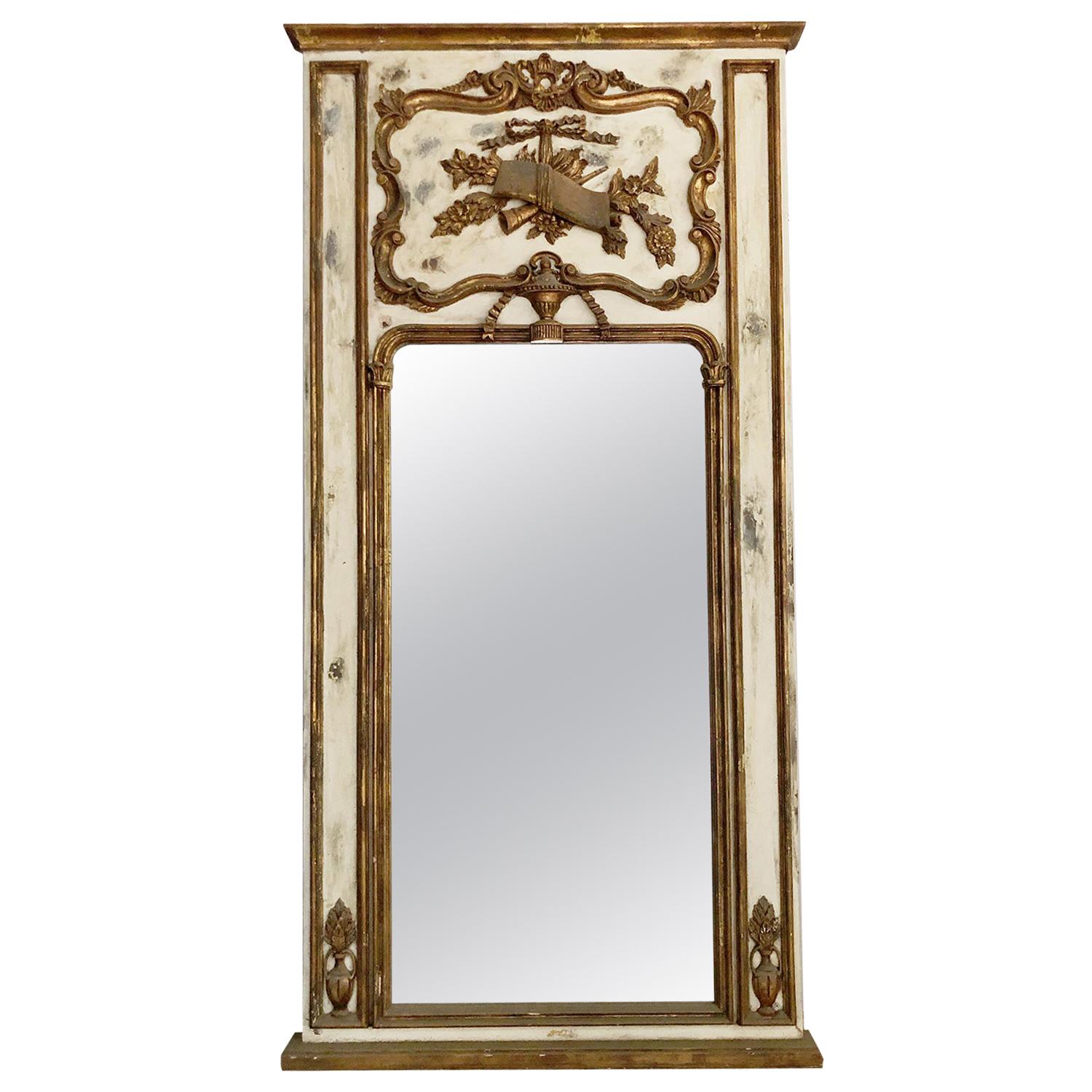 19th Century French Louis XV Style Antique Gilded Pinewood Wall Glass Mirror