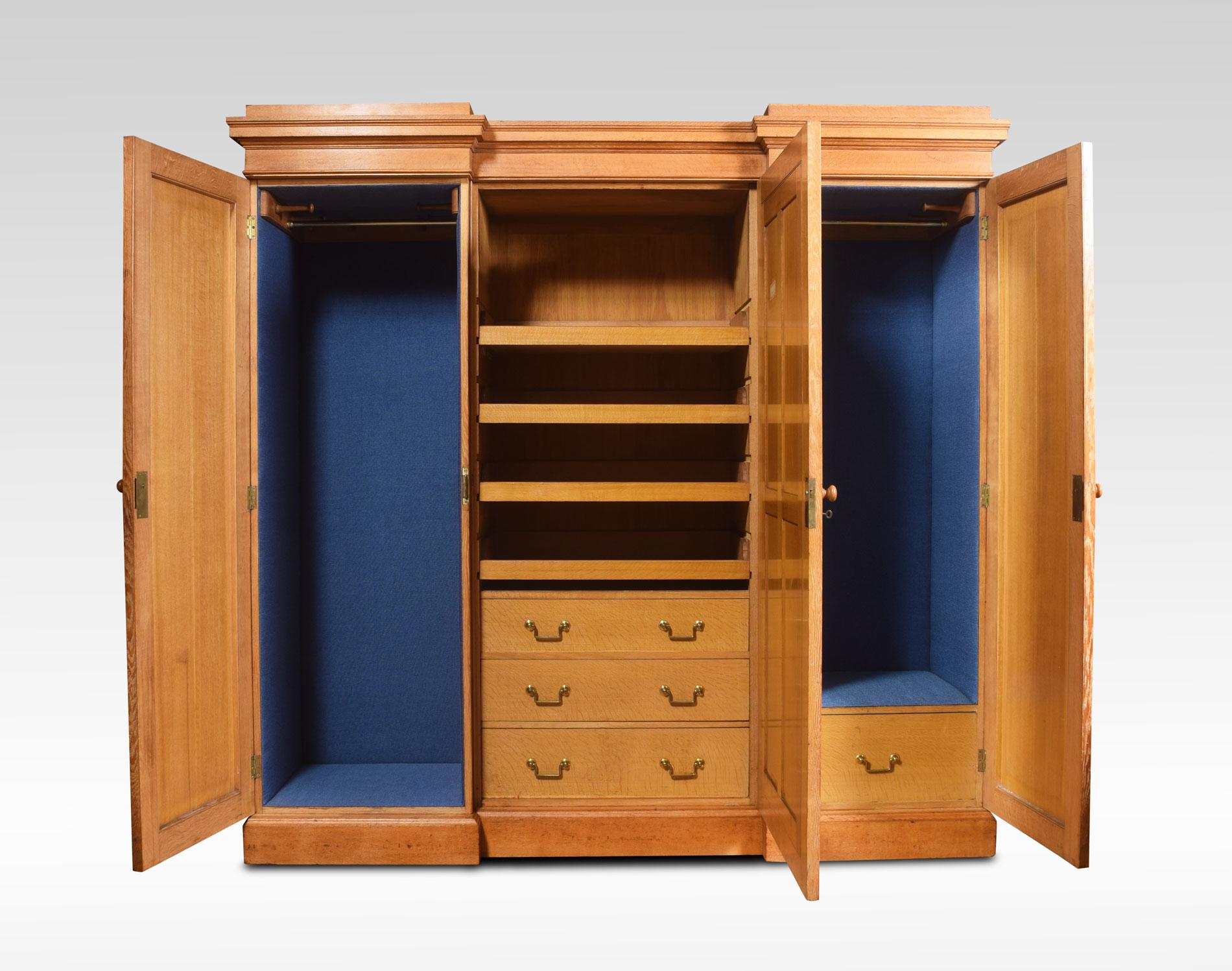British 19th Century Limed Oak Triple Wardrobe Compactum