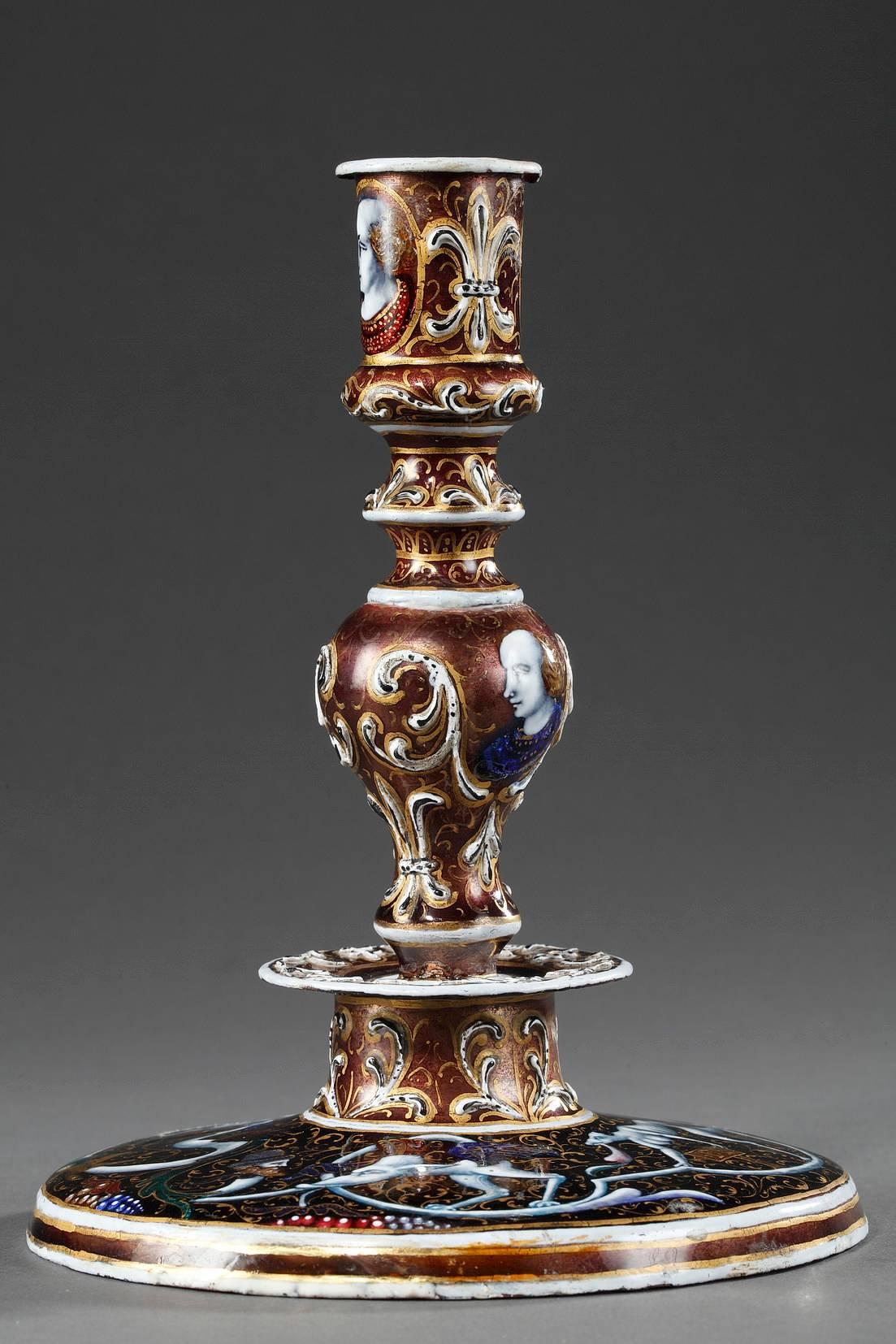 Enamel candlestick from Limoges in Renaissance style, decorated with busts, chimera, and other fantastic creatures. The dark brown background is decorated with grotesque motifs featuring half-animals, half-humans, and masks. Gilded rinceau and