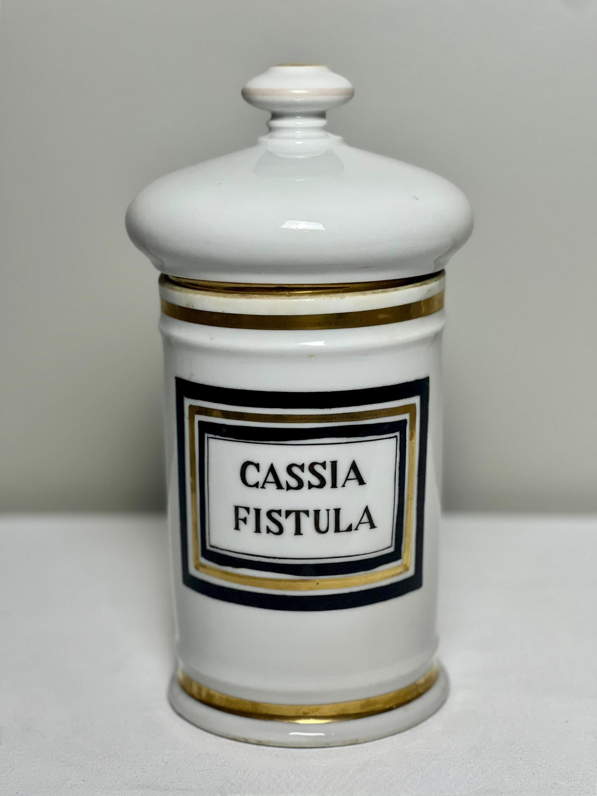 Antico vaso da farmacia con coperchio in porcellana dipinta a mano di Limoges di grandi dimensioni con etichetta in latino e accenti dorati. 