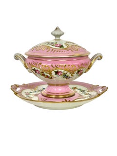 Set di zuppiere in porcellana Limoges rosa e oro del XIX secolo