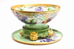 19th Century Limoges Punch Bowl, Stand & under Tray, Hand Painted Artist Signed