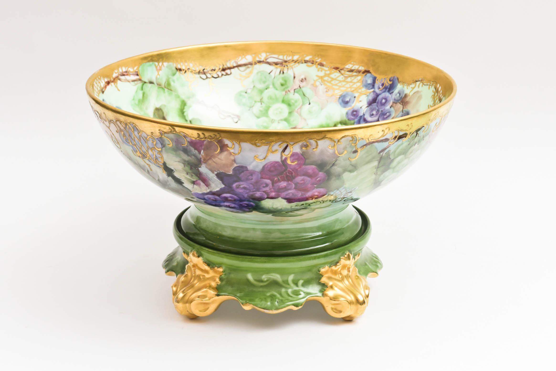 French 19th Century Limoges Punch Bowl, Stand & under Tray, Hand Painted Artist Signed