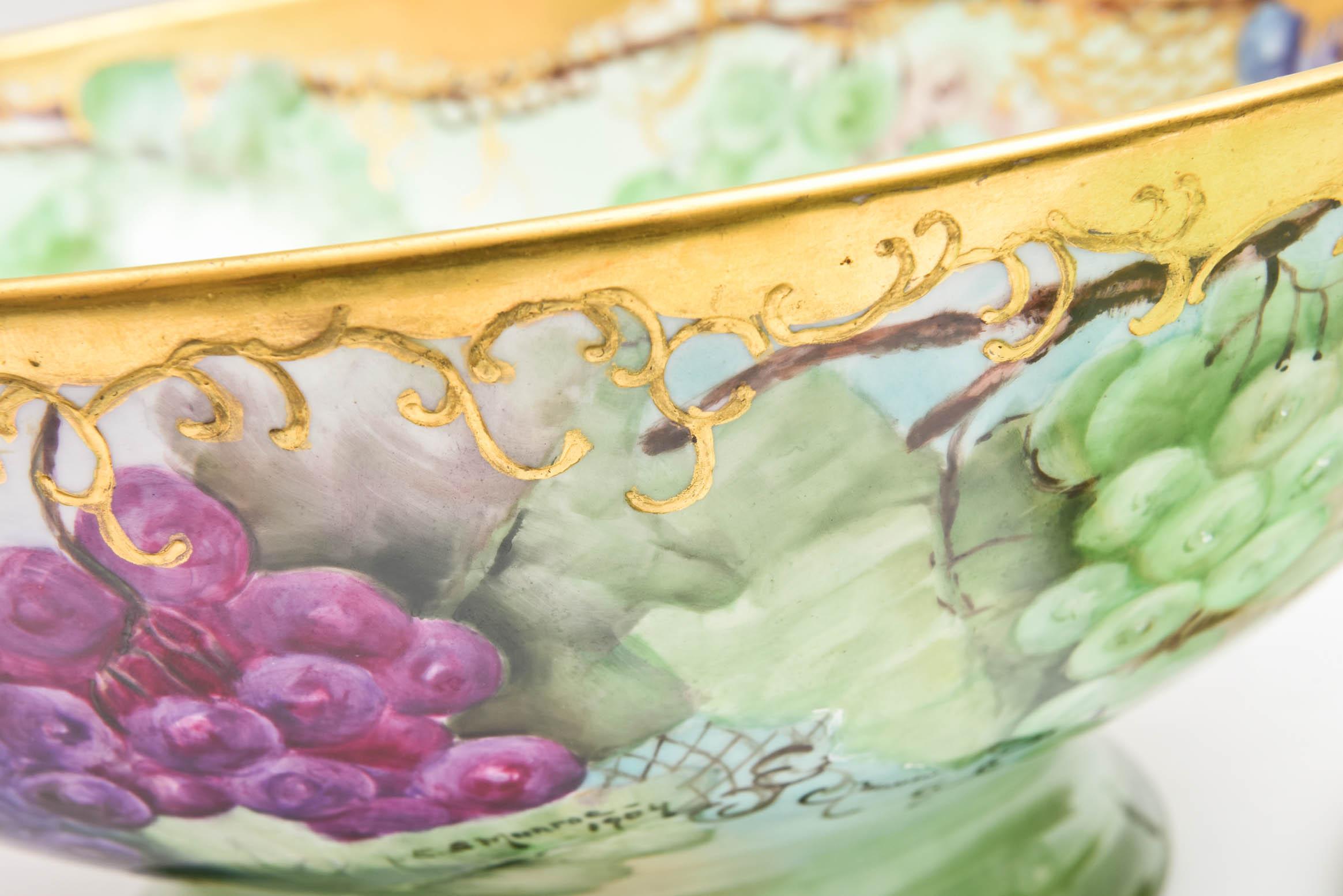 Gold 19th Century Limoges Punch Bowl, Stand & under Tray, Hand Painted Artist Signed