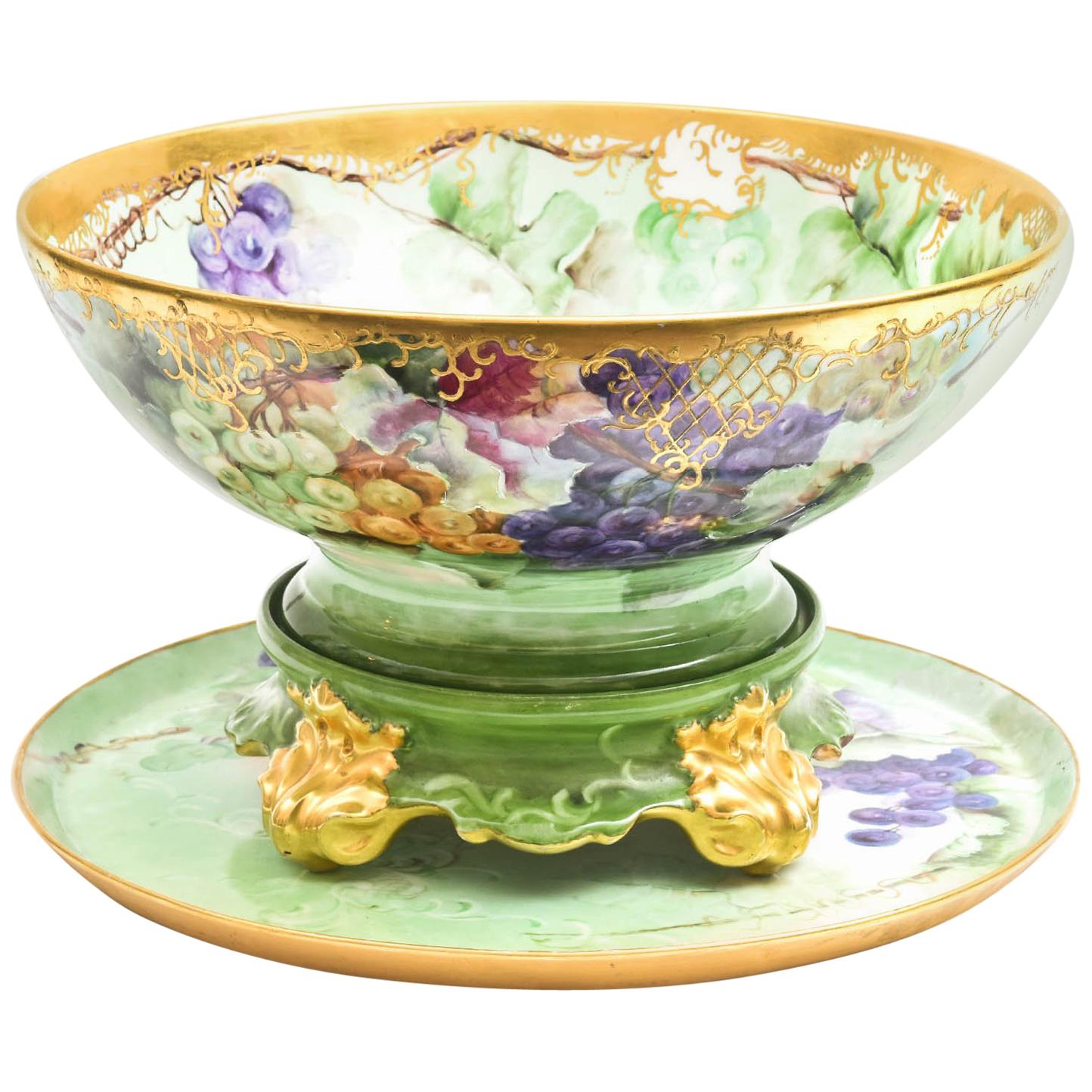 19th Century Limoges Punch Bowl, Stand & under Tray, Hand Painted Artist Signed
