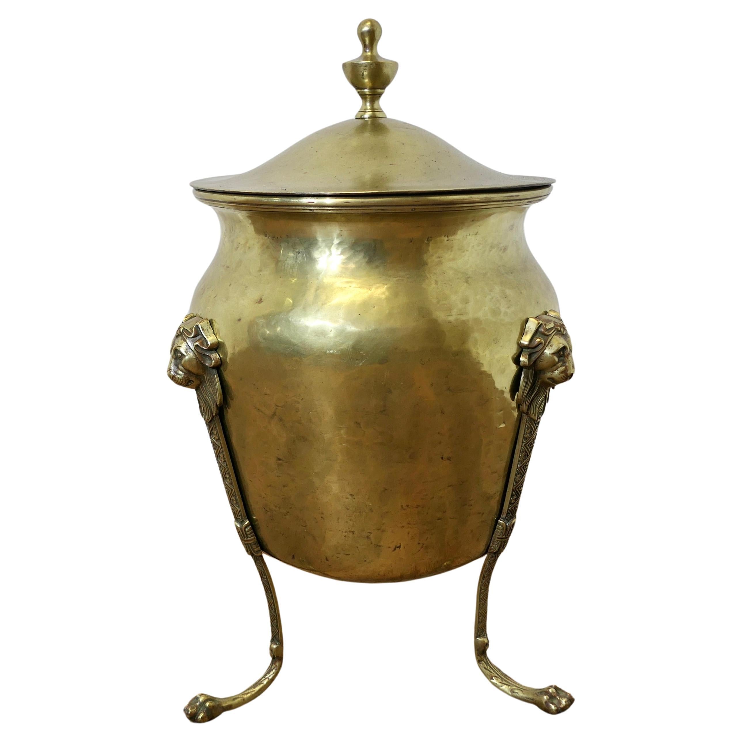 19th Century Lined Brass Lions Mask Log Bin with Lid  This is a superior quality