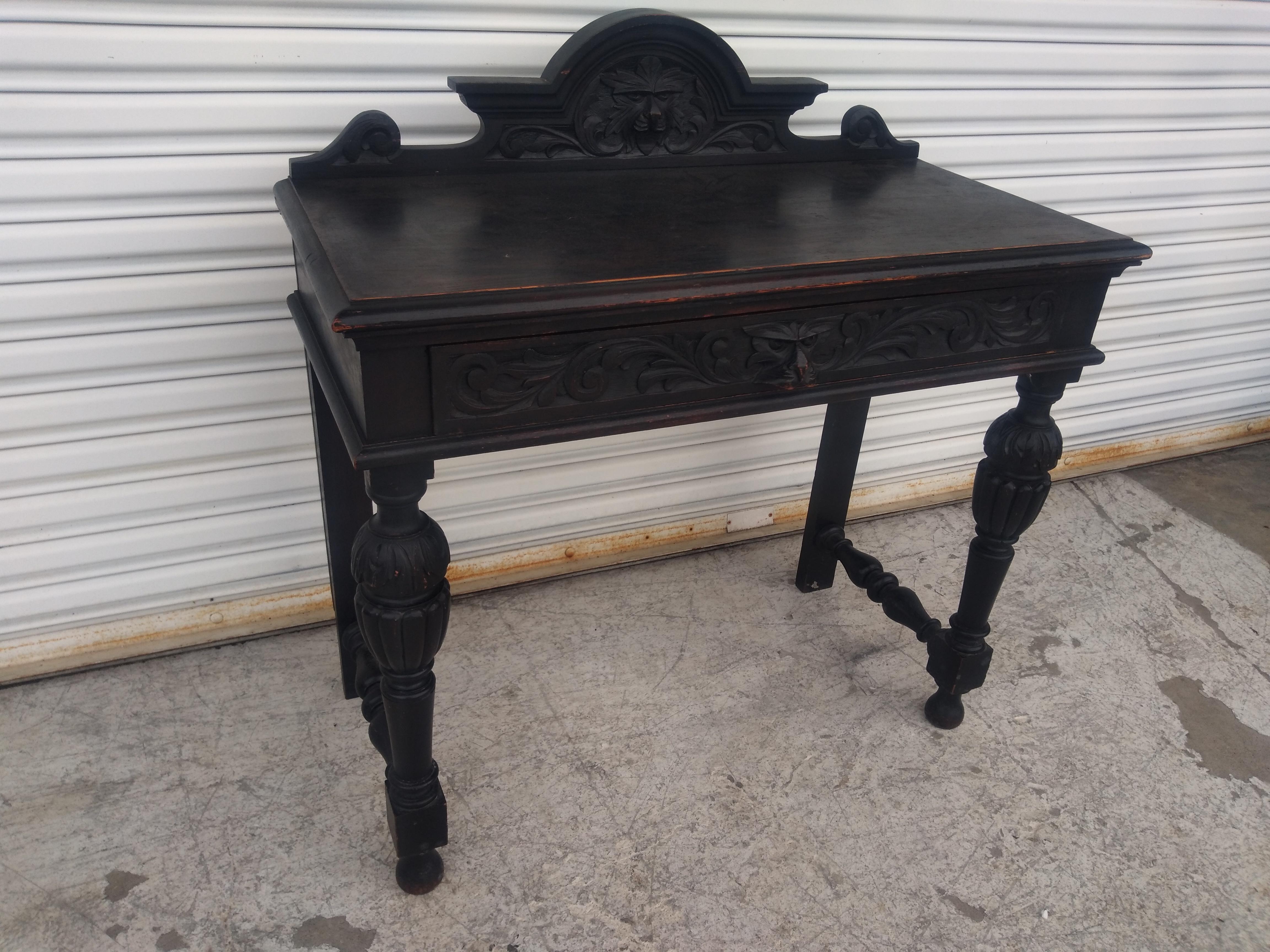 Wood 19th Century Lion Face Carved Tudor Style Writing Desk