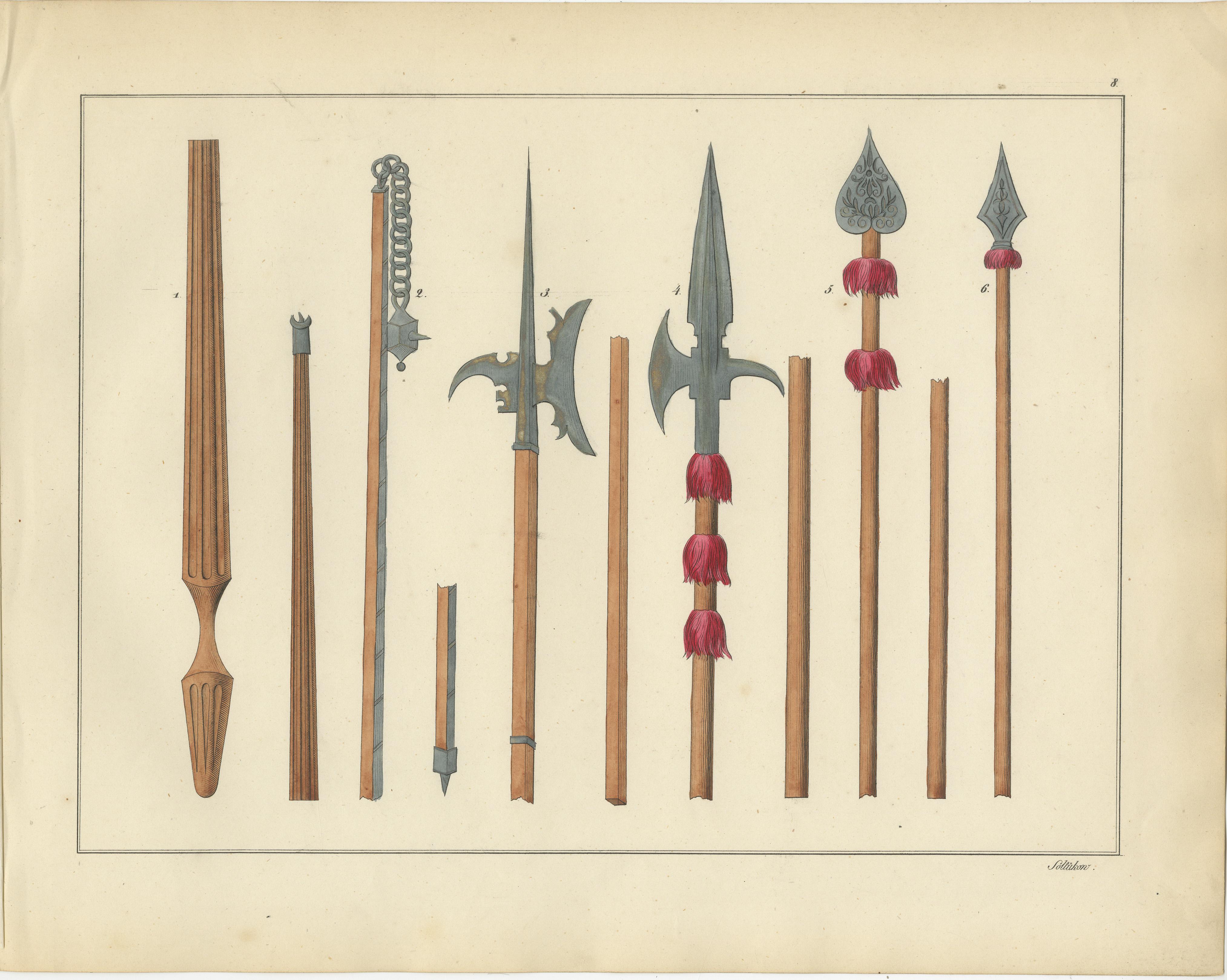 Titre : Compilation de lithographies en couleurs du 19e siècle représentant des armes médiévales.  

Description :  Cette exquise compilation de lithographies coloriées à la main présente un éventail saisissant d'armes de guerre médiévales et