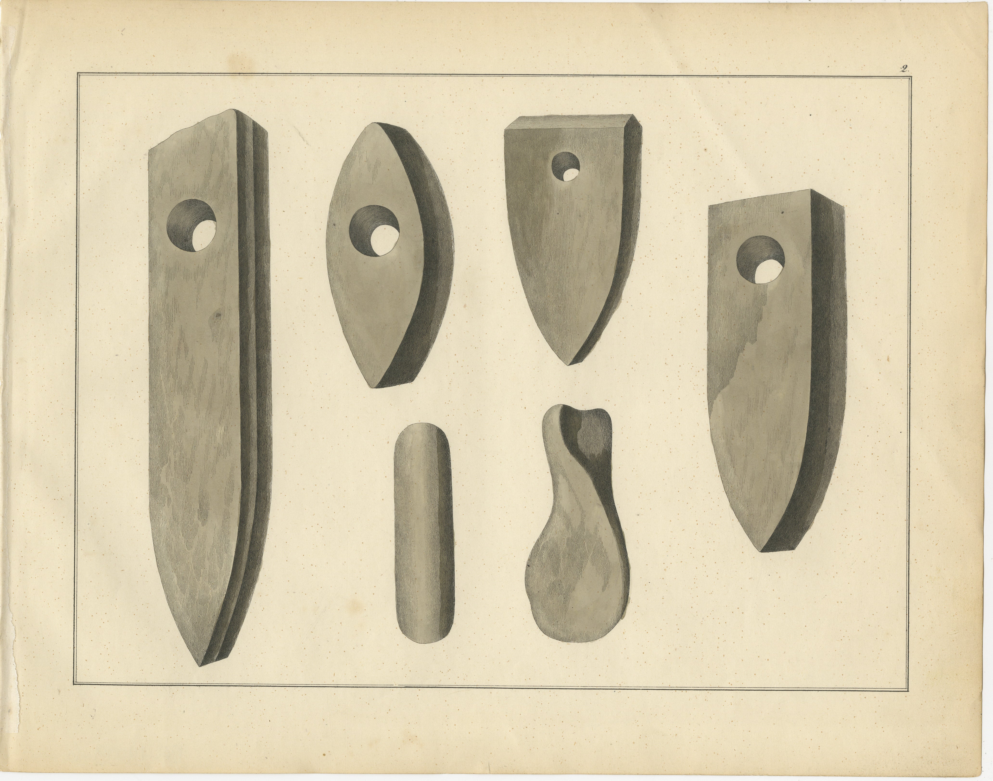 Title: 19th-Century Lithograph of Early Stone Tools from 'Der Rittersaal' Series

Description:  
This unique monochromatic lithograph showcases a collection of early stone tools, meticulously illustrated to reflect their historical importance. This