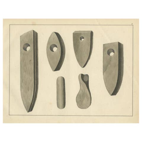 19th-Century Lithograph of Early Stone Axes and Tools from Medieval Studies