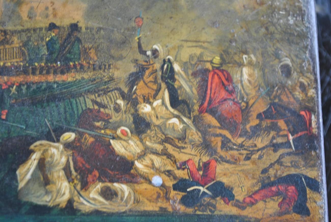 19th century lithographed box and painted decoration orientalist battle.