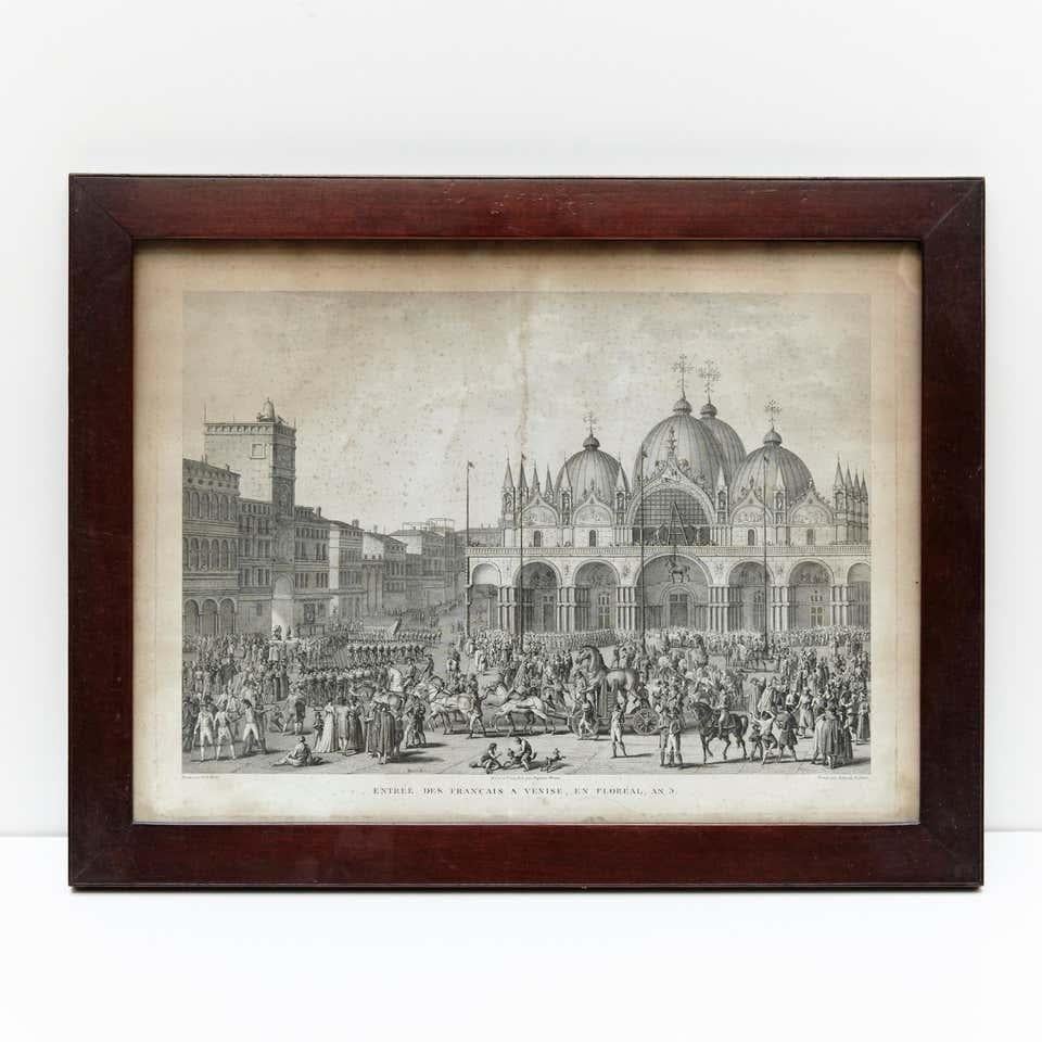 19. Jahrhundert Lithographie von Venedig in Schwarz und Weiß    Im Originalzustand, mit alters- und gebrauchsbedingten Gebrauchsspuren.