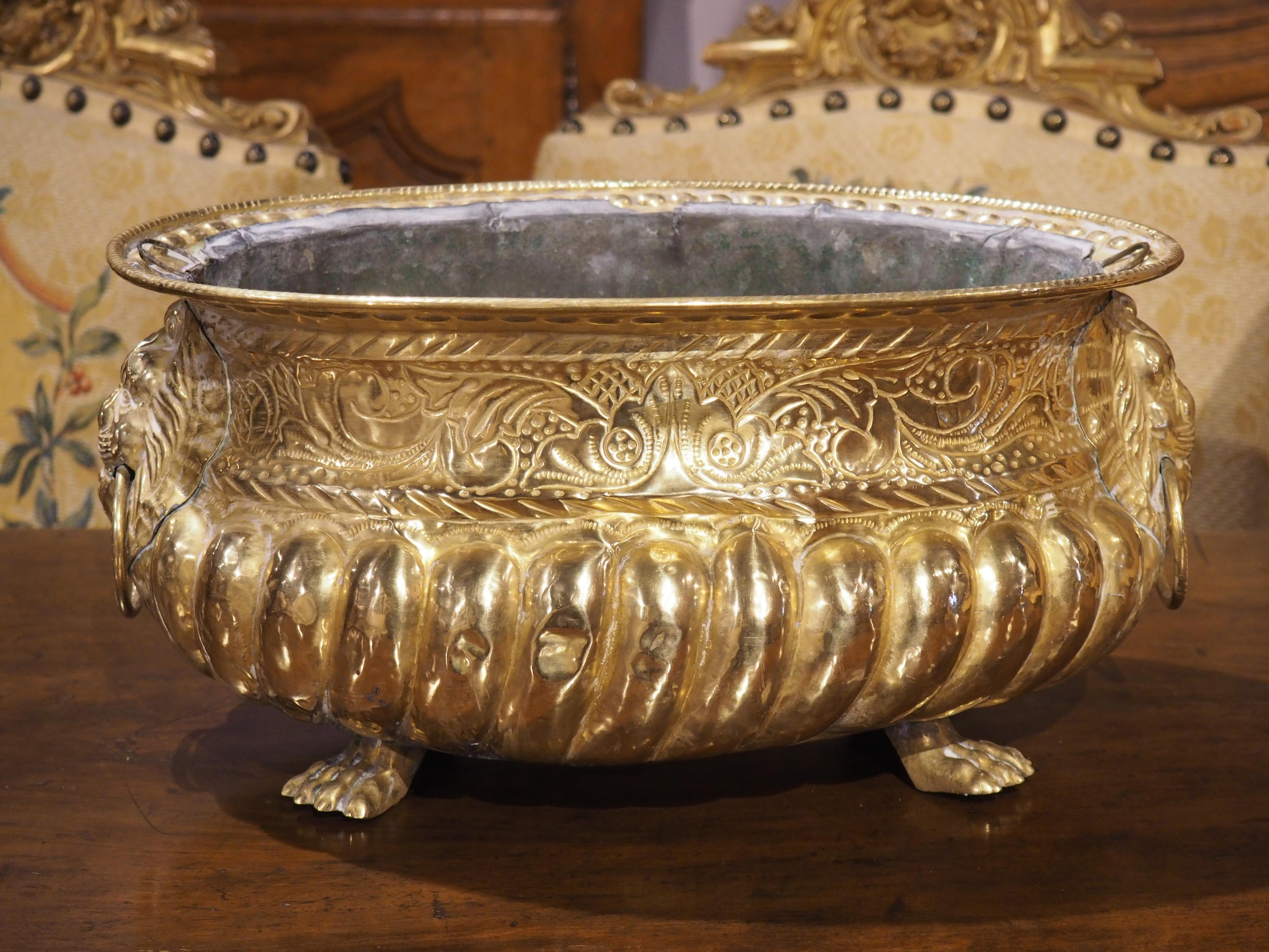 19th Century Lobed French Brass Jardiniere with Lions and Paw Feet 9