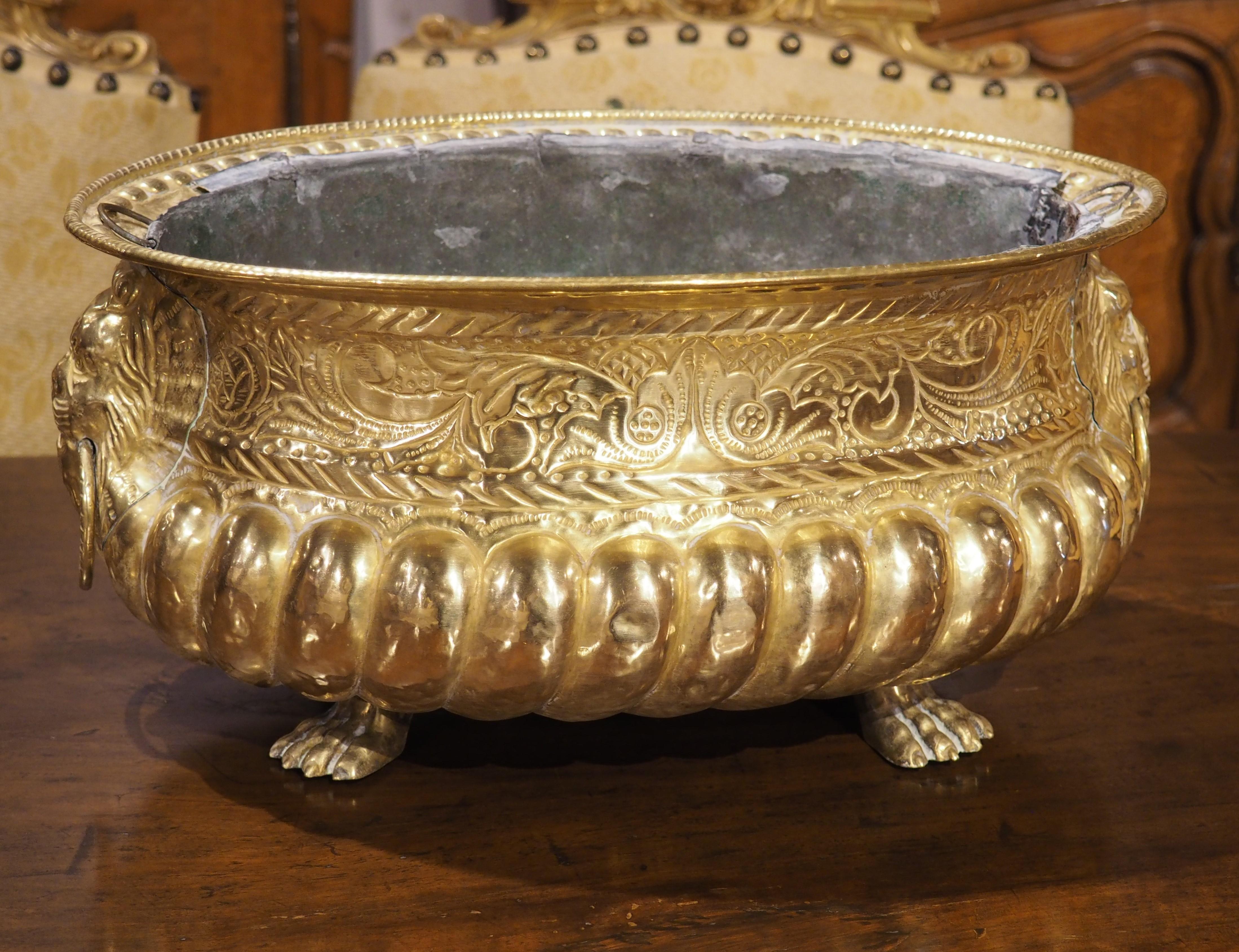 19th Century Lobed French Brass Jardiniere with Lions and Paw Feet 13