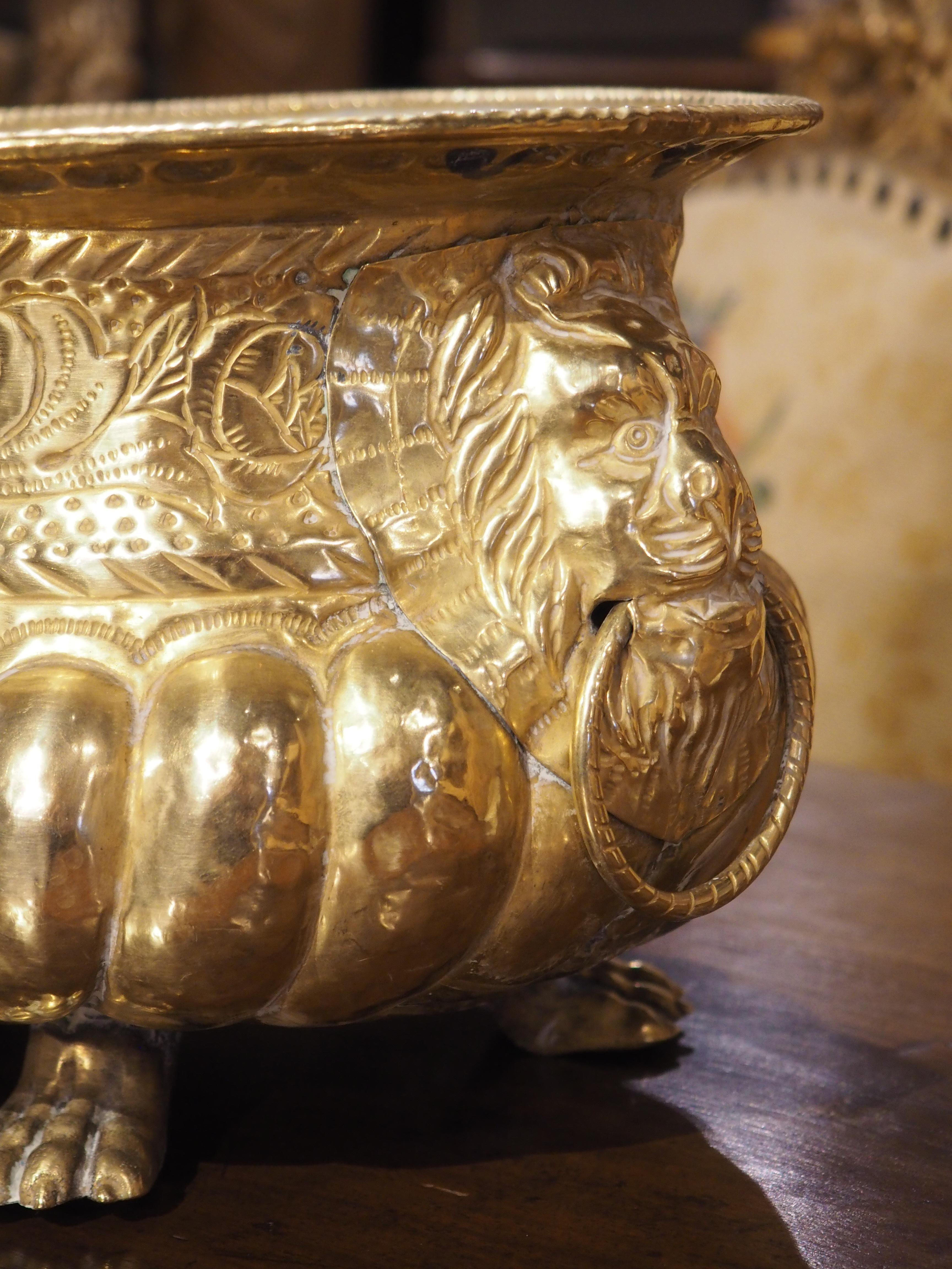 19th Century Lobed French Brass Jardiniere with Lions and Paw Feet In Good Condition In Dallas, TX