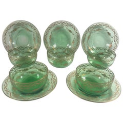 19th Century Lobmeyr Gold Enameled Emerald Fruit Bowls and Under Plates Set of 5