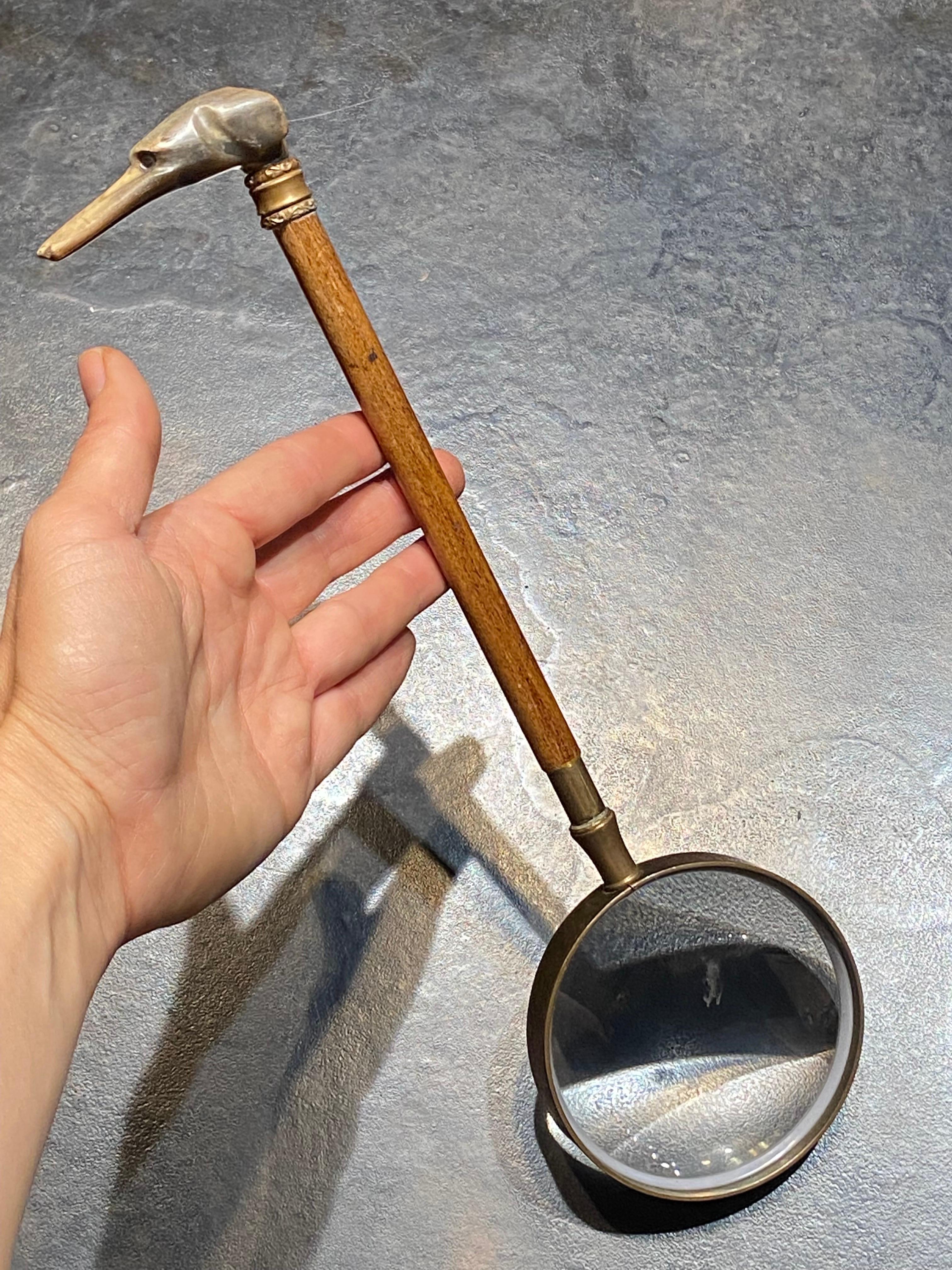 19th Century French long handled magnifying glass with metal frame and wooden handle. There is a very elegant horn knob figuring a greyhound with really vivid eyes. All the details are fine and delicate and the piece is in really good