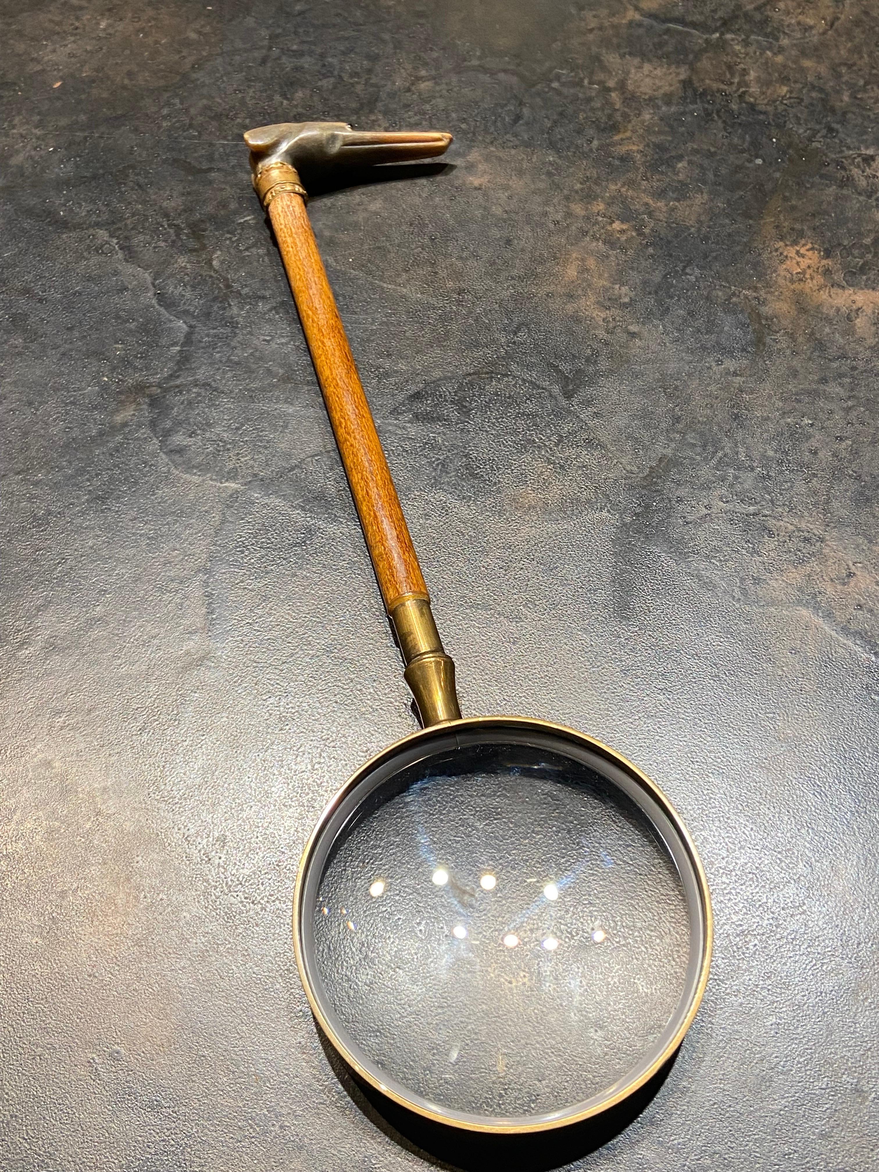 French 19th Century Long Handled Magnifying Glass with Wooden Handle and Greyhound Knob