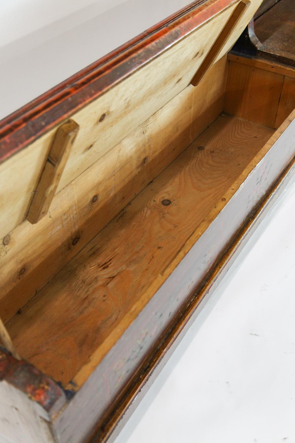 19th Century Long Painted Pine Lift Top Bench For Sale 5