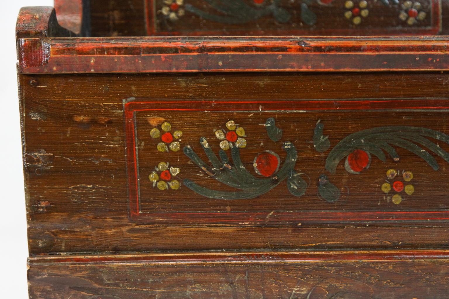 Romanian 19th Century Long Painted Pine Lift Top Bench For Sale