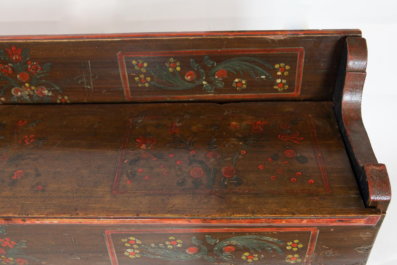 Hand-Painted 19th Century Long Painted Pine Lift Top Bench For Sale