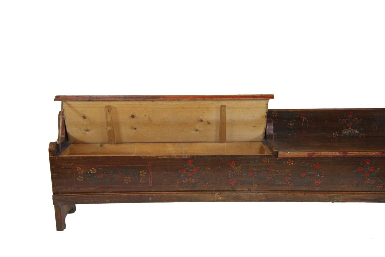Wood 19th Century Long Painted Pine Lift Top Bench For Sale