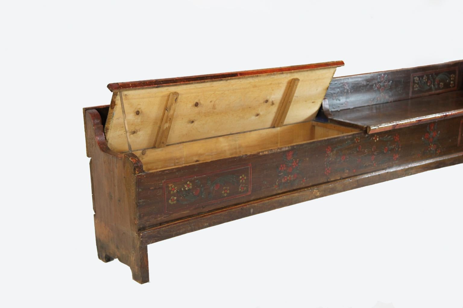 19th Century Long Painted Pine Lift Top Bench For Sale 1