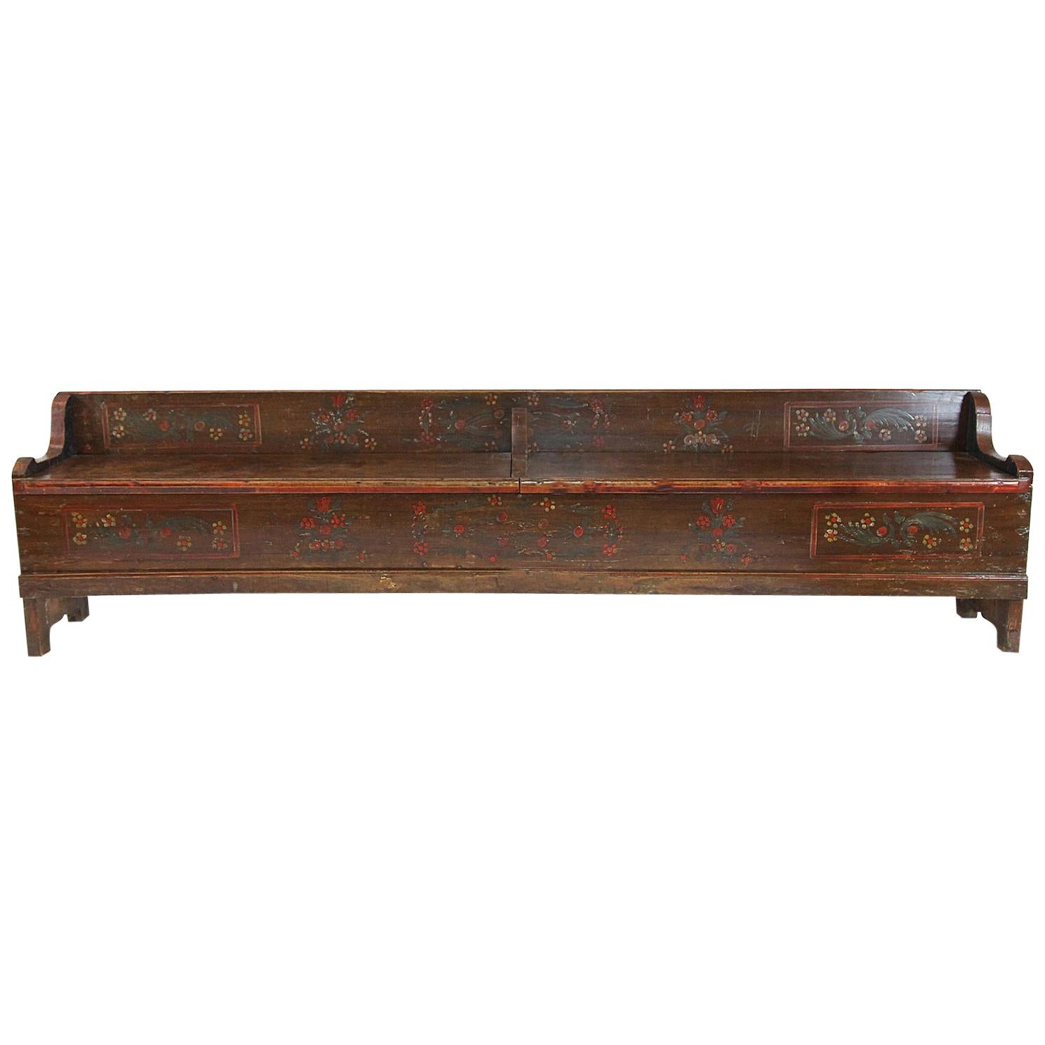 19th Century Long Painted Pine Lift Top Bench For Sale