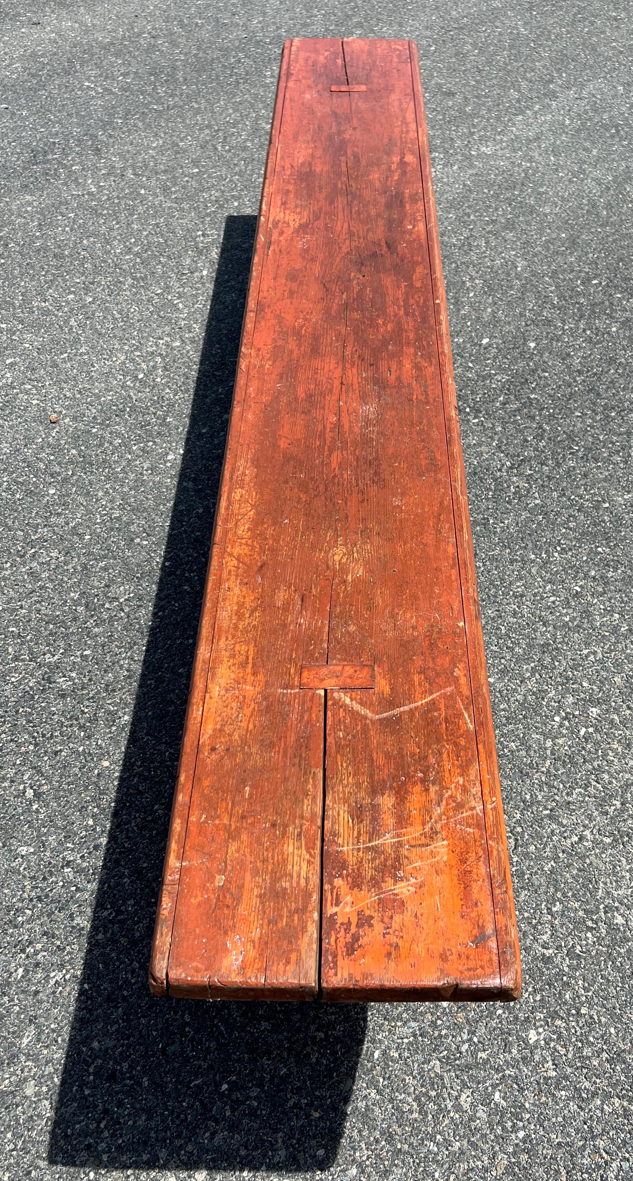 North American 19th Century Long Pine Bench in Orange Paint For Sale