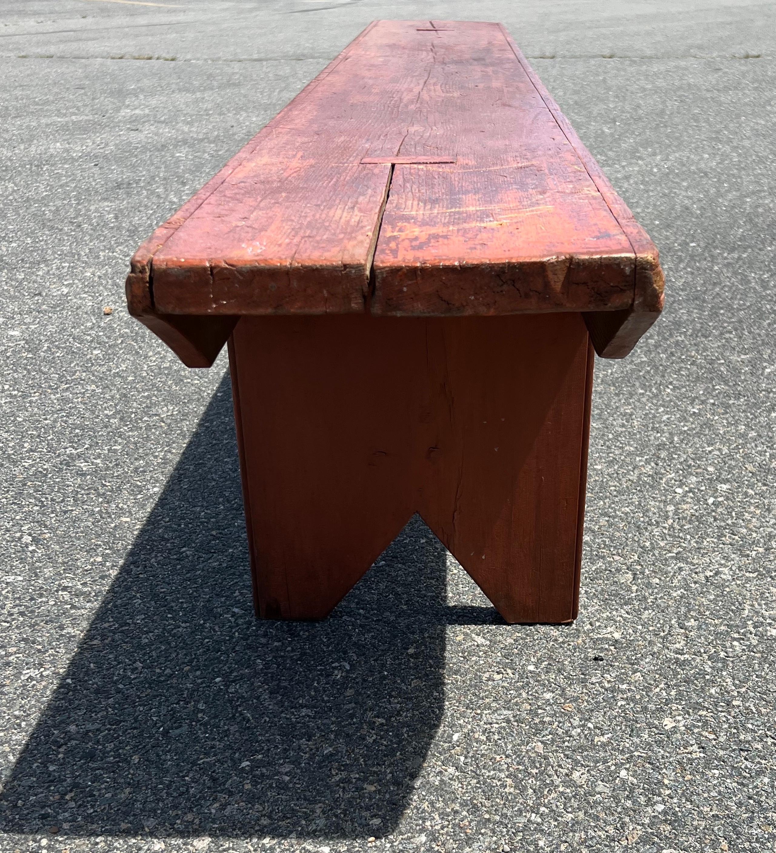 Hand-Crafted 19th Century Long Pine Bench in Orange Paint For Sale