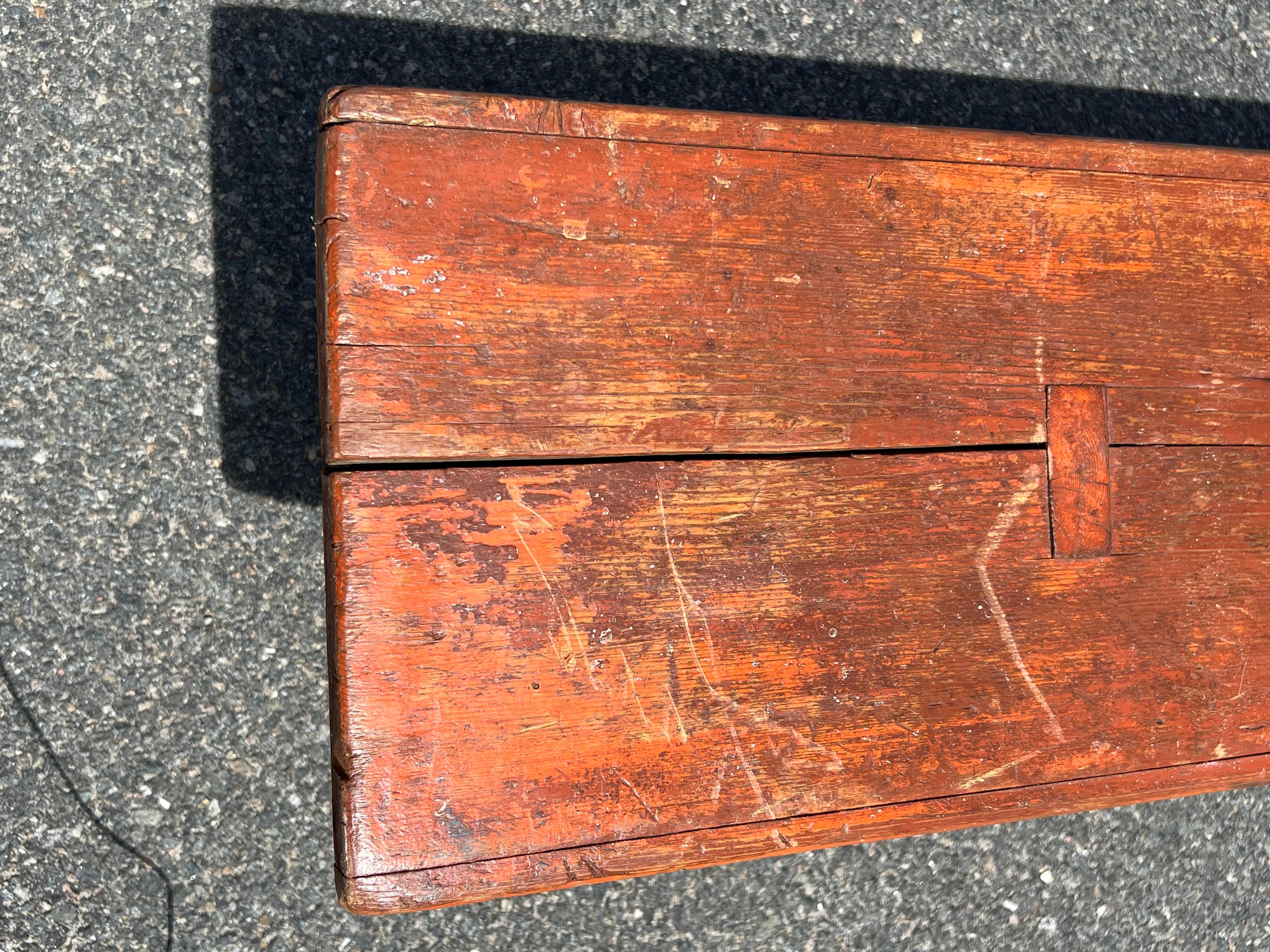 19th Century Long Pine Bench in Orange Paint In Good Condition For Sale In Nantucket, MA