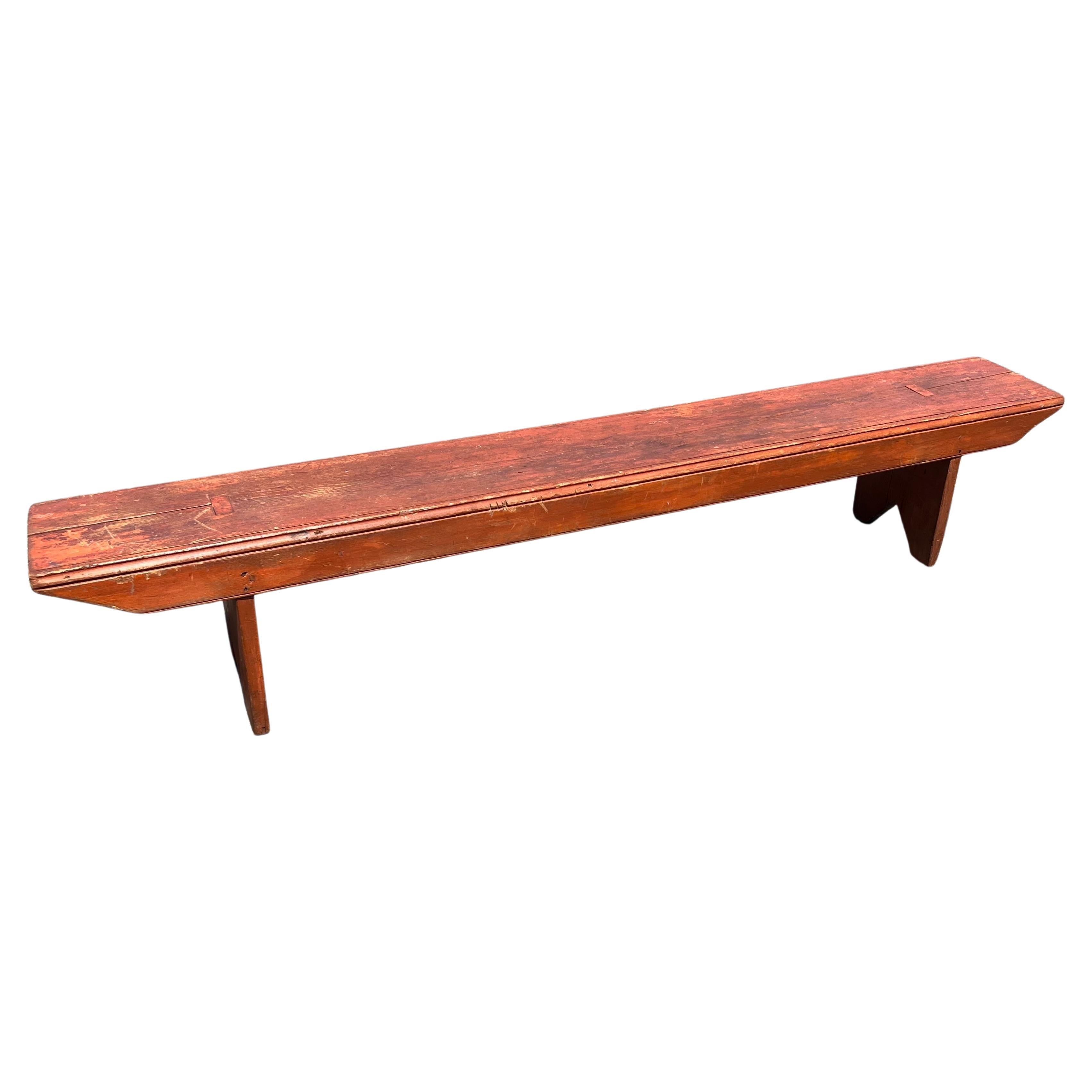 19th Century Long Pine Bench in Orange Paint For Sale